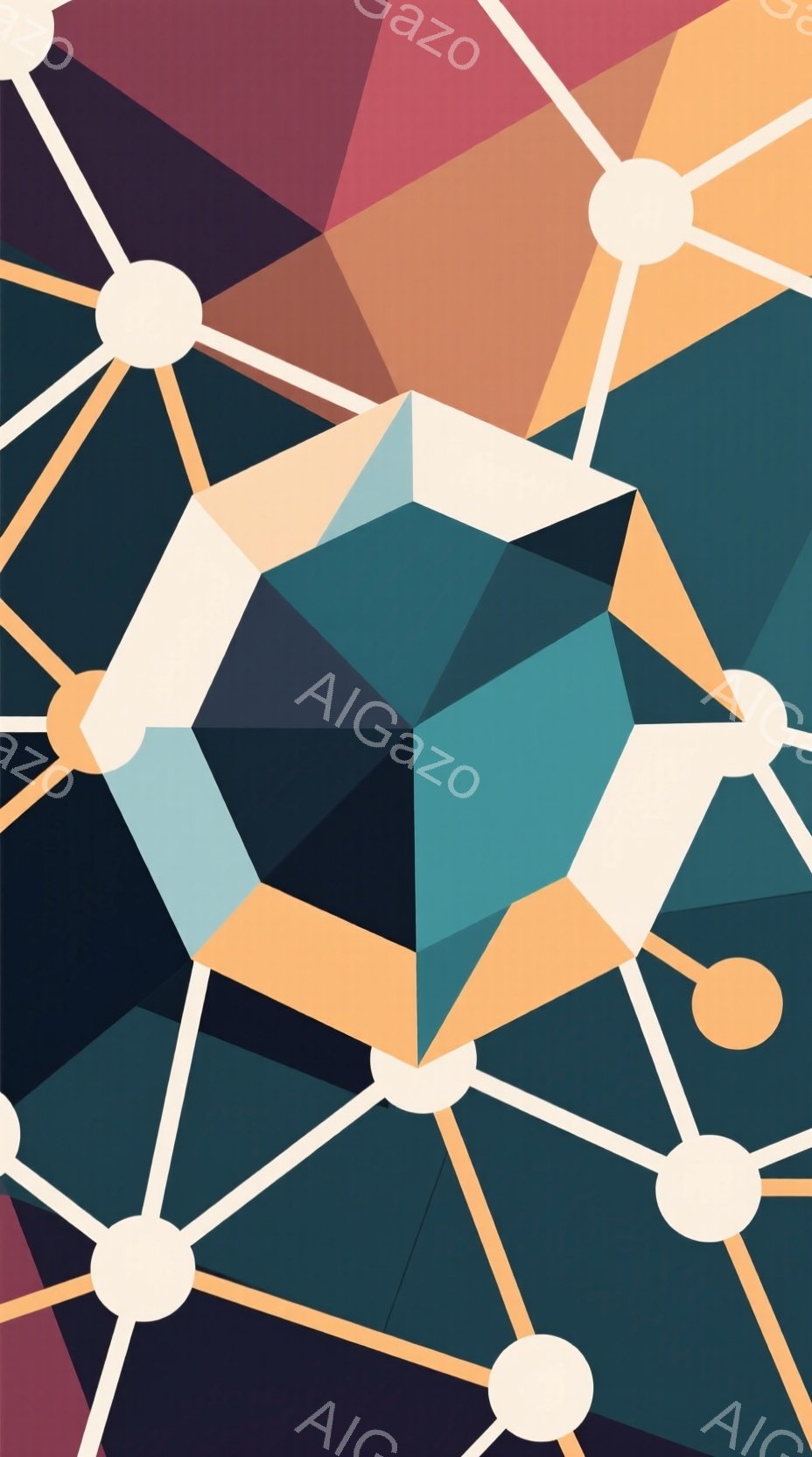 この画像は、多角形が複雑に組み合わさった抽象的な構成です。深い青、オレンジ、灰色、ピンクといった色調が用いられ、幾何学的なパターンが強調されています。白い線と円が網の目のように配置され、全体としてモダ - AI生成フリー素材