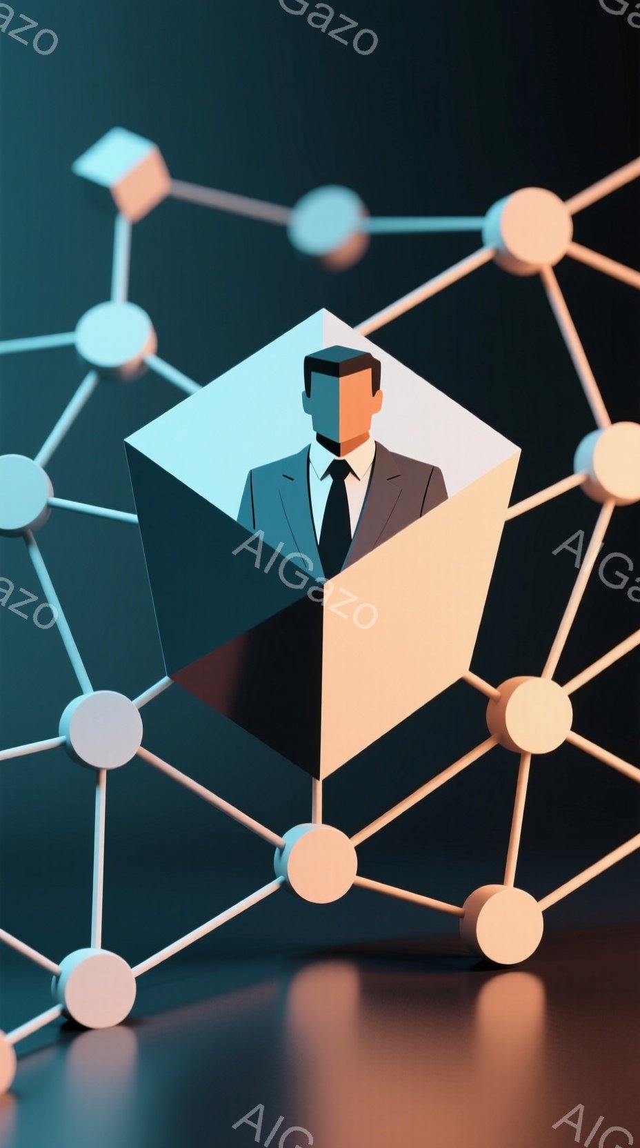 この画像は、多面体の内部に閉じ込められた男性の姿を描いています。男性は黒いスーツとネクタイを着用し、顔は影でほとんど見えませんが、整髪され、真剣な表情をしているように見えます。背景には、光る線で構成された複雑なネットワーク構造が描かれており、全体的に未来的で抽象的な雰囲気を醸し出しています。