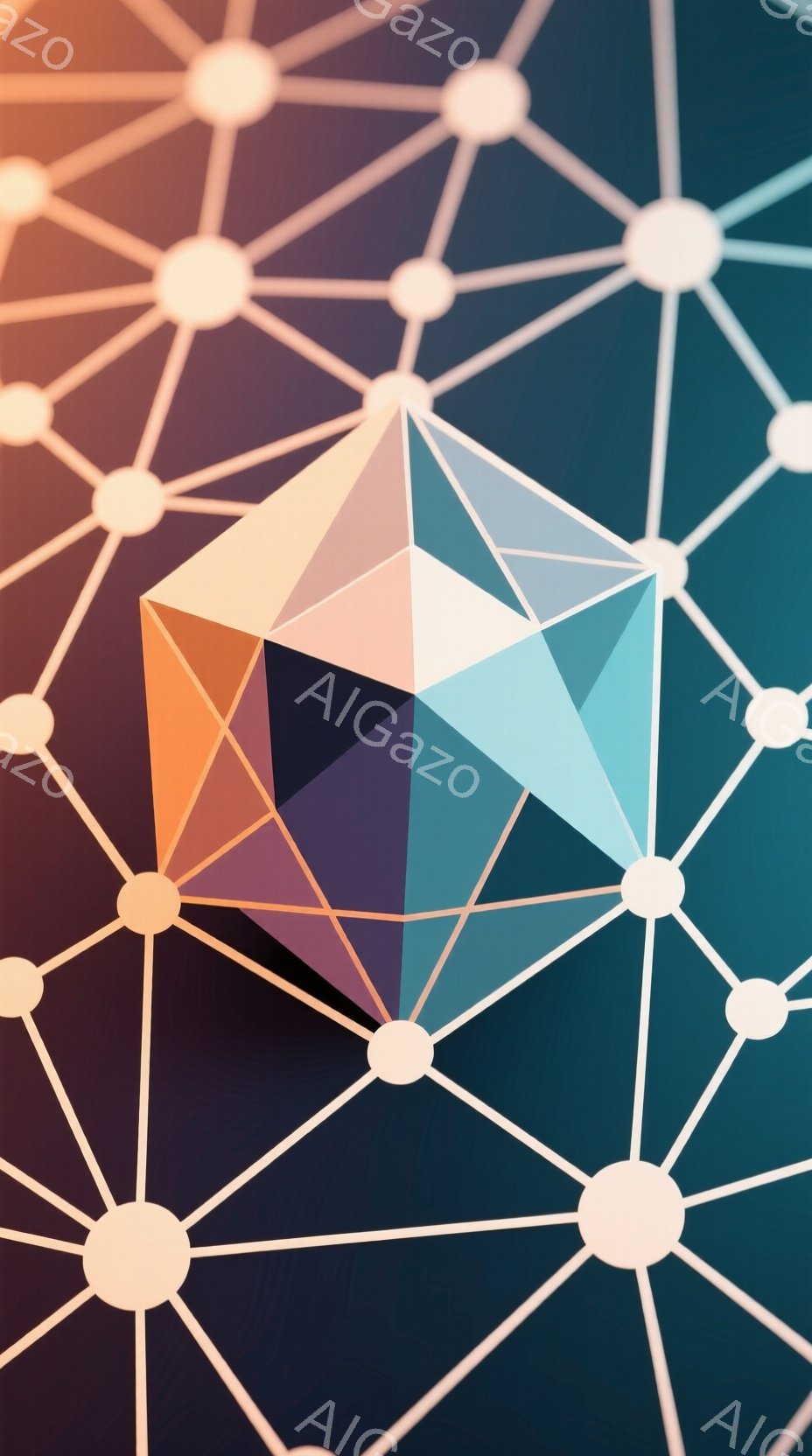 複雑な幾何学模様が特徴的な抽象画像です。多様なパステルカラーの多面体が、白線で結ばれた球体と繋がっているように見え、背景は深い青色からオレンジ色へのグラデーションで彩られています。全体的にモダンで未来的、そして洗練された雰囲気を醸し出しています。