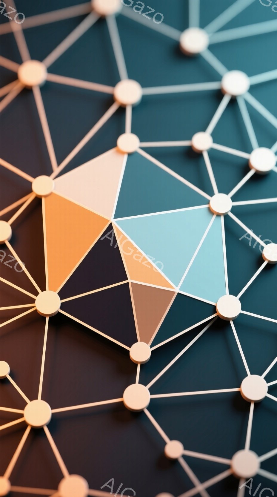 この画像は、さまざまな色の三角形が線で繋がったネットワーク状の抽象的な構成です。三角形は白、オレンジ、紺、グレーなど多様な色合いで、光沢のある質感で表現されています。全体として、現代的で幾何学的なデザインであり、テクノロジーや接続性を連想させる雰囲気です。