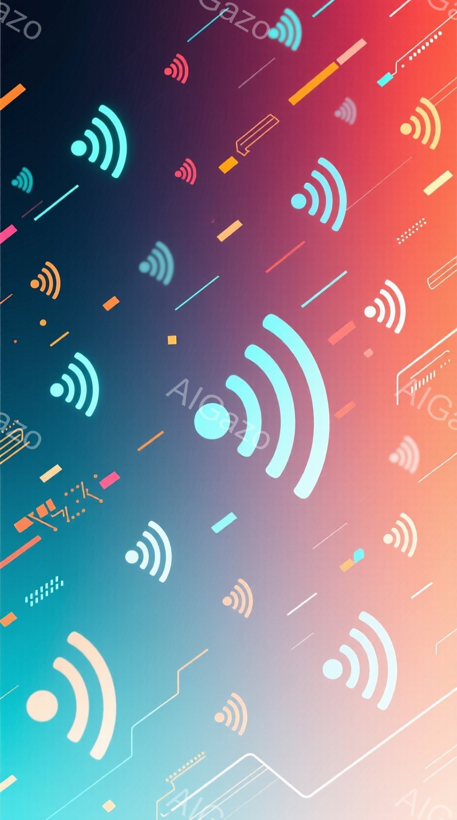 この画像は、鮮やかなグラデーションがかった背景に、様々な方向を指す線と円形のアイコンが散りばめられた抽象的なデザインです。アイコンは無線通信や信号のイメージを喚起させ、モダンでテクノロジーを感じさせる雰囲気を醸し出しています。全体的に、シンプルでありながらも動きのある、視覚的に魅力的な構成となっています。