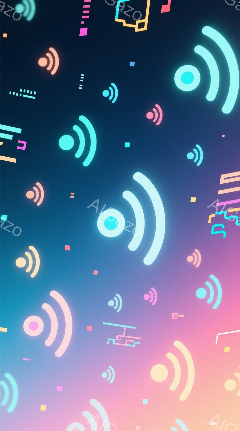 鮮やかな青と紫のグラデーションを背景に、多数の白い曲線と小さな四角形のアイコンが散りばめられています。これらのアイコンは、無線通信や接続を示すようなデザインで、まるでデジタルな信号が飛び交っているかの - AI生成フリー素材