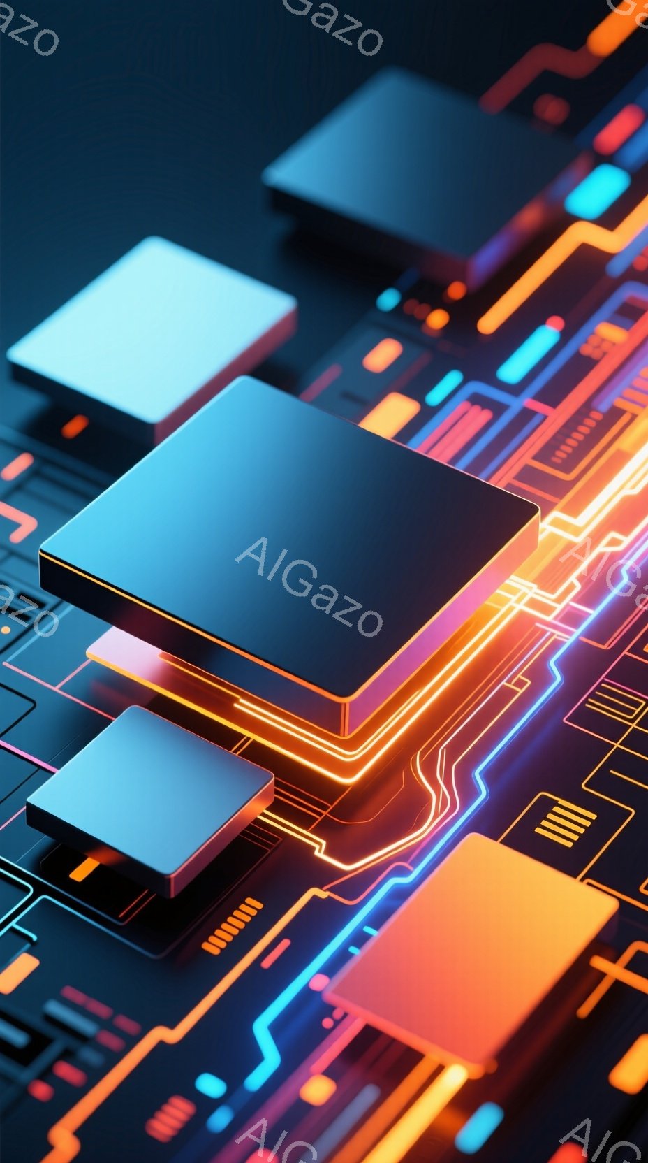 この画像は、未来的な回路基板を捉えた抽象的な表現です。鮮やかなオレンジと青色の光が、金属的な立方体や長方形の構成要素を照らし出し、技術的な美しさを強調しています。背景は複雑な回路パターンで埋め尽くされ - AI生成フリー素材