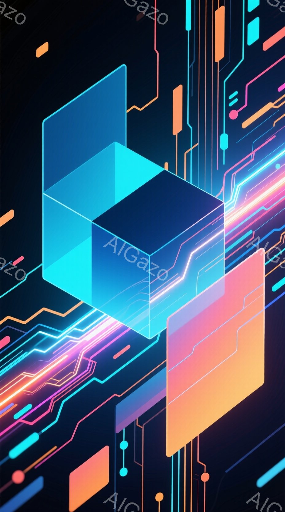 鮮やかなネオンカラーの線が複雑に絡み合い、未来的な回路のような背景を形成しています。中央には、青色の発光する立方体が積み重なり、その一部はオレンジ色の半透明の板によって覆われています。全体的に、テクノロジー、エネルギー、そして仮想空間を想起させる、サイバーパンク風の雰囲気です。