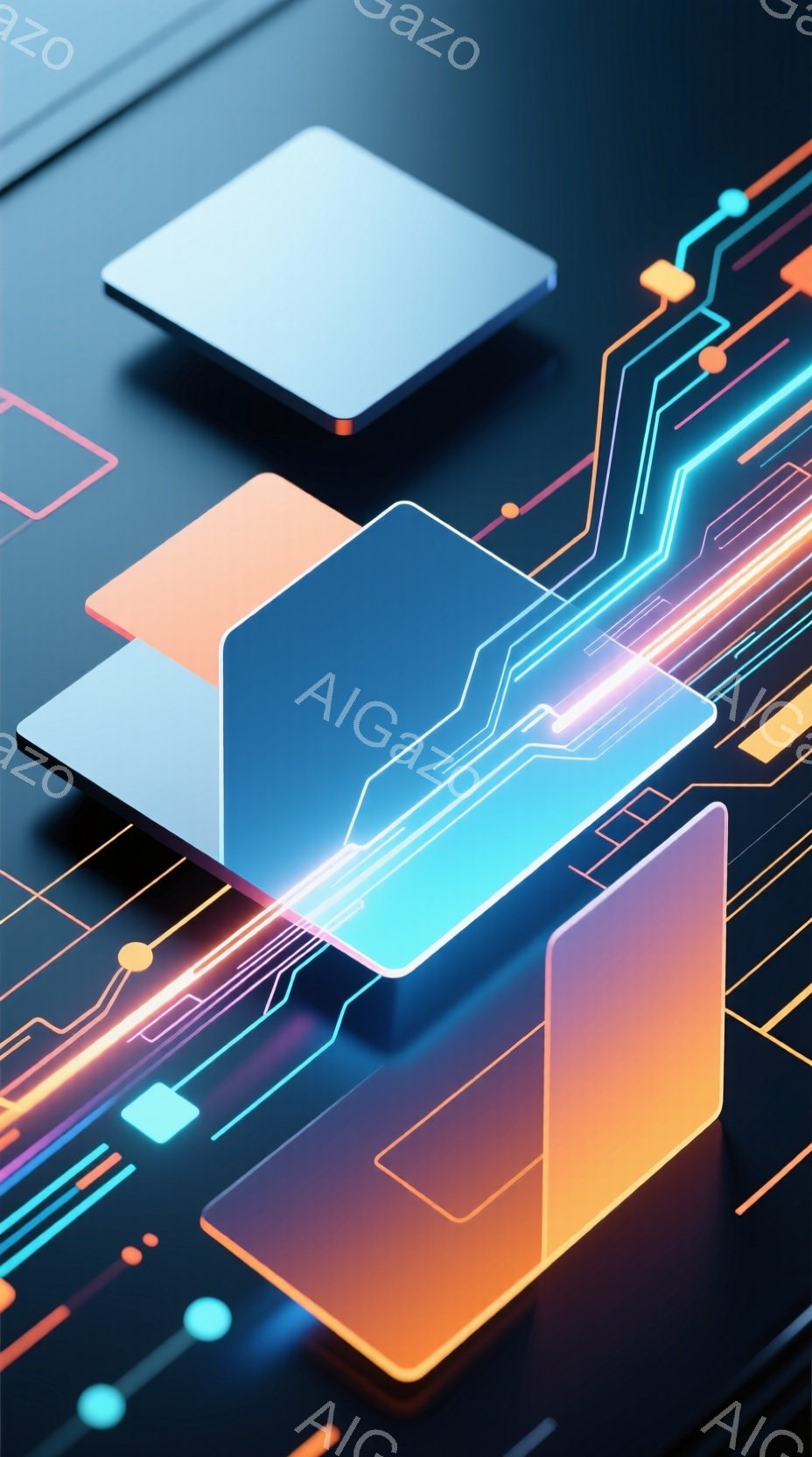 鮮やかなネオンカラーの線と幾何学的な図形が、黒い背景の上に浮かび上がっている。オレンジや青、紫色の光が交差し、未来的な回路やエネルギーの流れを連想させる構成となっている。全体として、テクノロジー、サイ - AI生成フリー素材