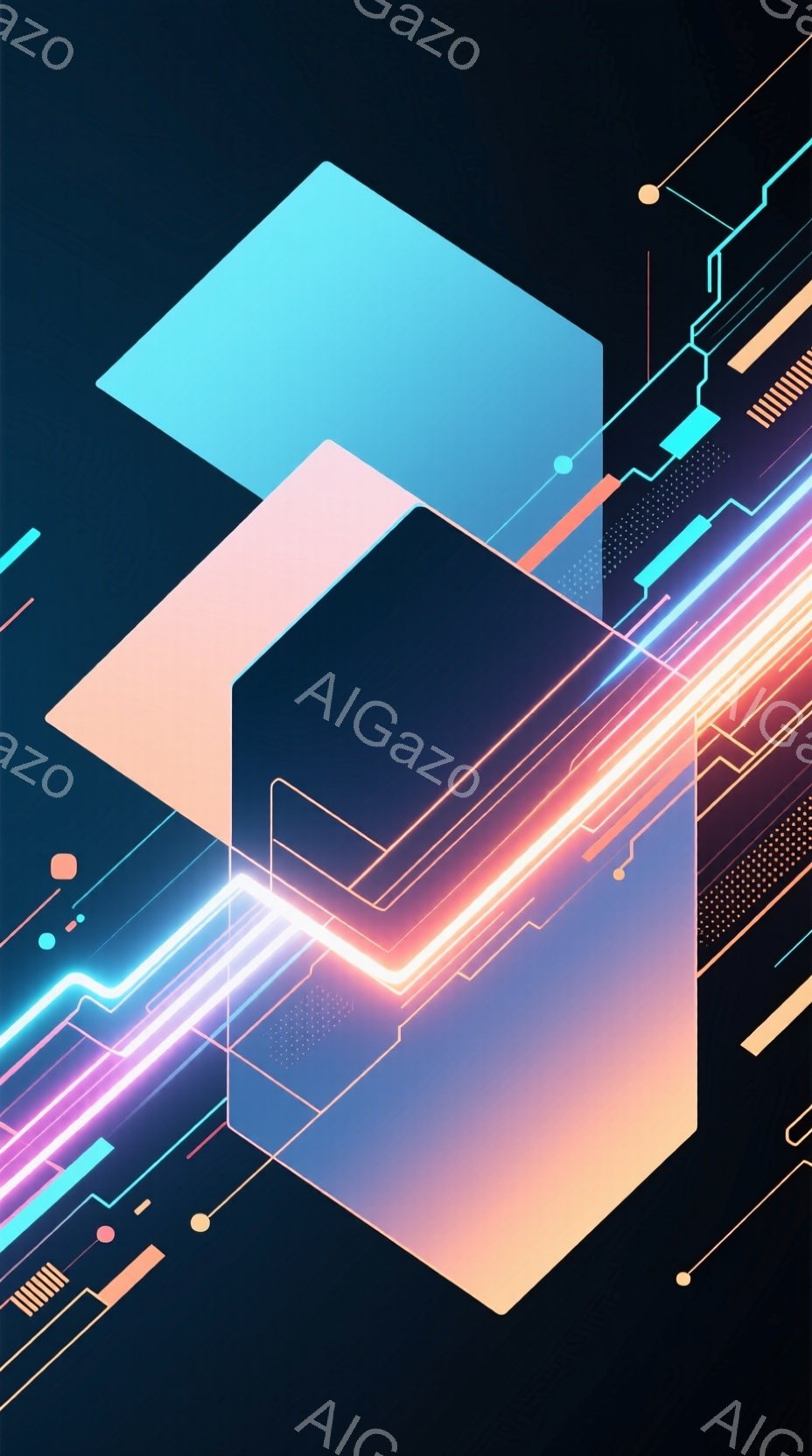 鮮やかなネオンカラーで構成された抽象的な構成で、幾何学的な図形が重なり合っています。特に、青、オレンジ、ピンクの光の線が、未来的な回路やエネルギーの流れを連想させます。暗い背景がこれらの光彩を際立たせ - AI生成フリー素材