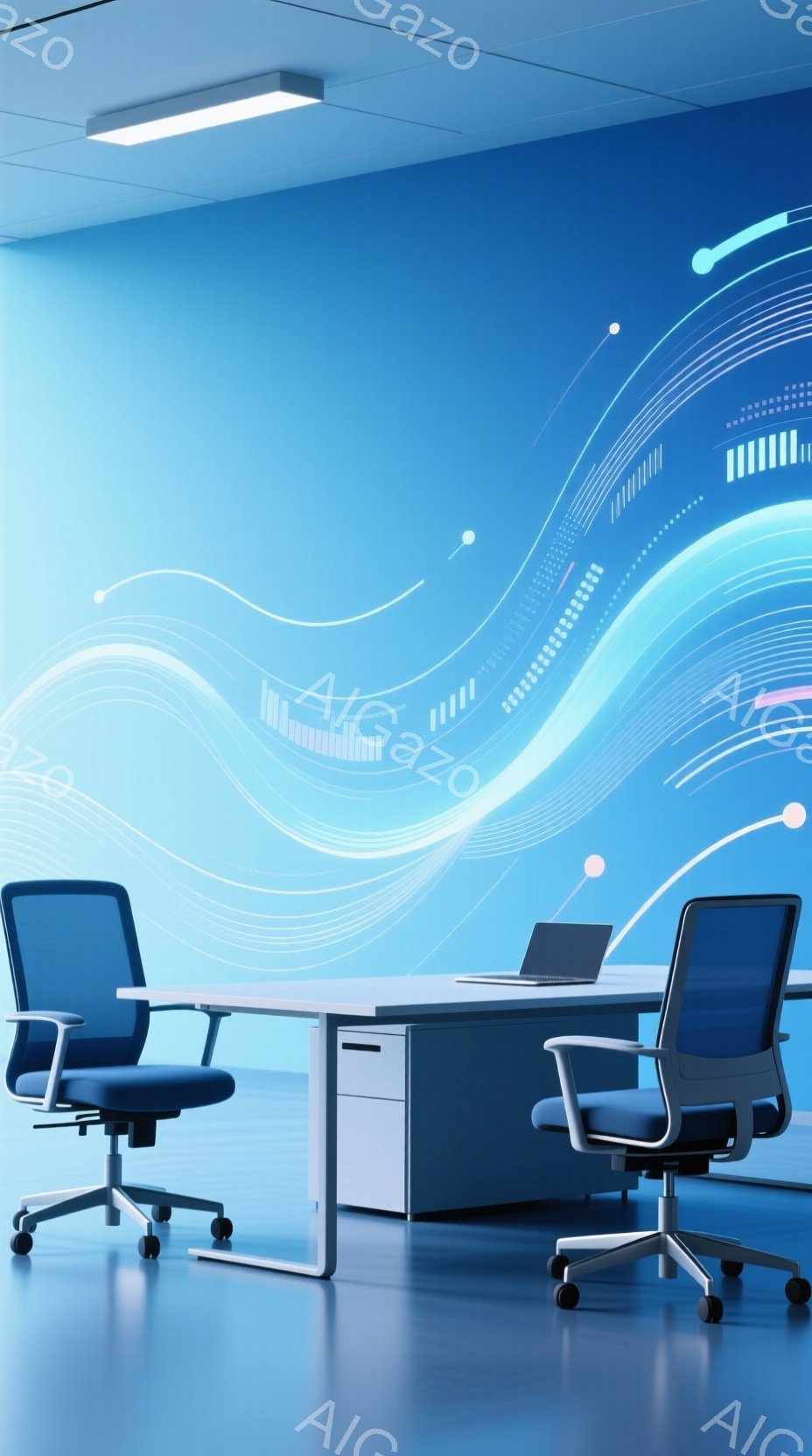 鮮やかな青色の壁を背景に、モダンなオフィス空間が広がっています。中央には白とグレーのデスクが置かれ、その両側には青いオフィスチェアが対面するように配置されています。壁には、未来的なテクノロジーを連想させる光の線が曲線的に描かれ、全体的に洗練された雰囲気を作り出しています。