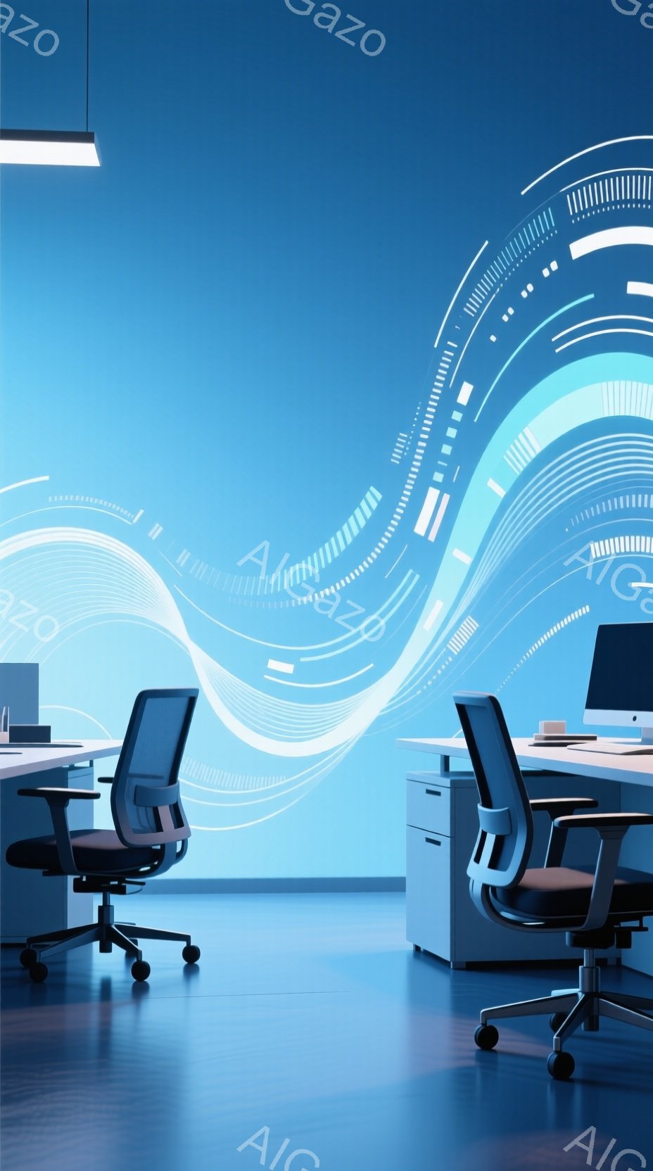 鮮やかな青色の壁を背景に、2つのオフィスデスクと椅子が配置された室内です。壁には、未来的な光のラインが曲線的に描かれており、モダンでテクノロジーを感じさせる雰囲気を醸し出しています。床は光沢のある木製で、部屋全体が清潔感にあふれています。