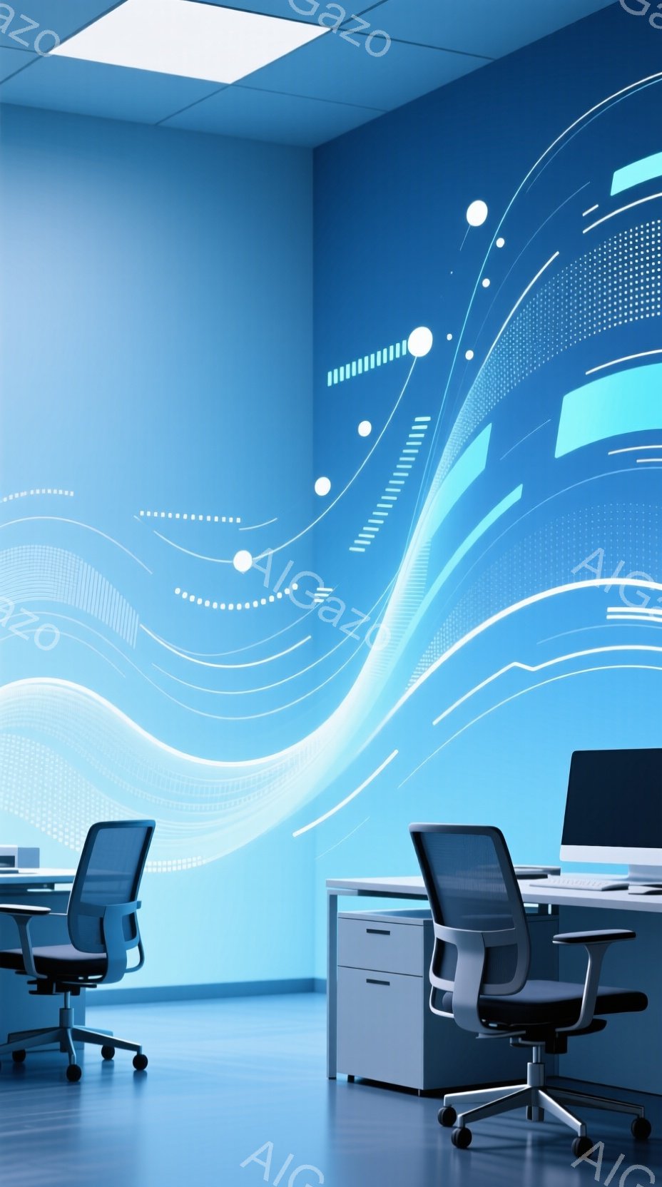 鮮やかな水色の壁を背景に、オフィスの一角が写っている。白の曲線や点線が壁一面に描かれた抽象的なデザインが印象的で、未来的な雰囲気を醸し出している。机と椅子が配置され、モダンで清潔感のある空間が広がっている。