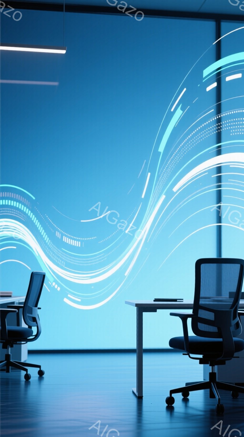 広々としたオフィス空間には、白と黒のモダンなオフィスチェアが２脚、シンプルな白い机と並んで配置されています。背景には、流れるような白い線が描かれた抽象的な壁画が広がっており、未来的な雰囲気を醸し出しています。床は光沢のある木製で、全体的に落ち着いたブルーのトーンで統一され、洗練された印象を与えます。