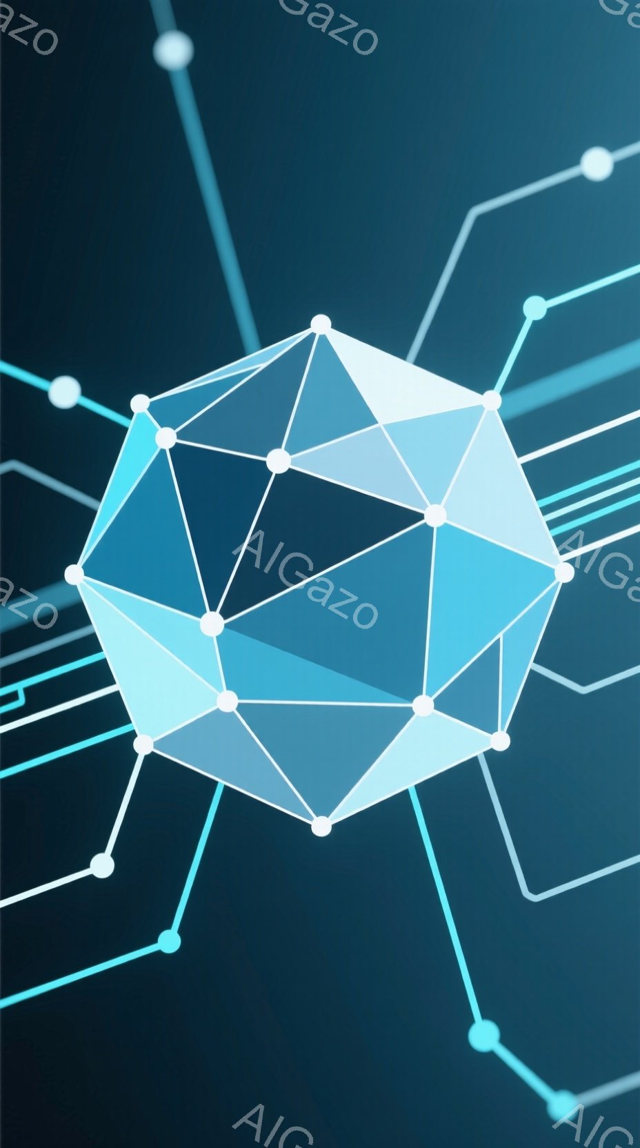 鮮やかな青色の多角形が、白線で結ばれており、まるで複雑なネットワーク構造を表現しているようです。背景は濃い青色で、光の線が放射状に伸びており、近未来的な雰囲気を作り出しています。全体的にテクノロジーやデータ、繋がりといった抽象的な概念を視覚化したようなイメージです。