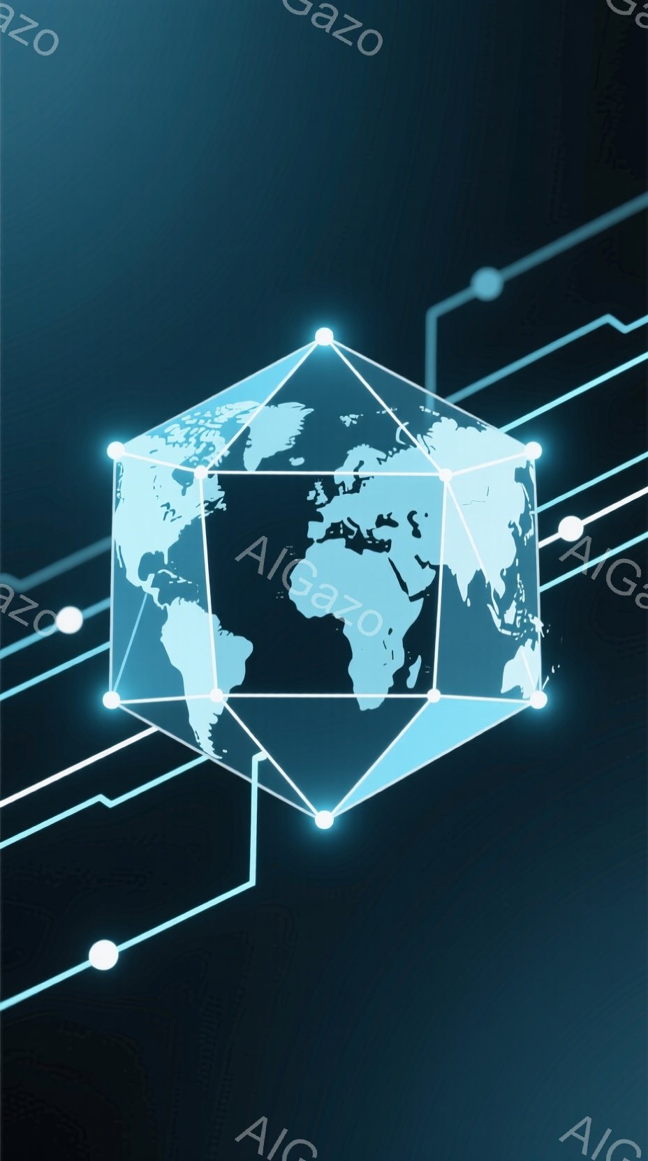 この画像は、青色の地球儀が、発光する青い線で構成された立方体の中に収められている様子を描写しています。背景は濃い青色で、白い点と線が複雑な回路のように配置され、未来的な印象を与えています。全体として、地球規模のネットワークや情報技術を象徴するような、クールで先進的な雰囲気です。