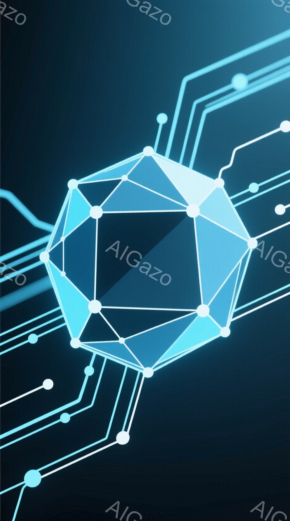 鮮やかな青色の回路が背景に描かれ、中心には多角形の光る構造物が浮かんでいます。回路は細い線と白い円形で構成され、現代的なテクノロジーを連想させます。光る多角形は、内部に陰影が入り、立体感と未来的な雰囲気を醸し出しています。