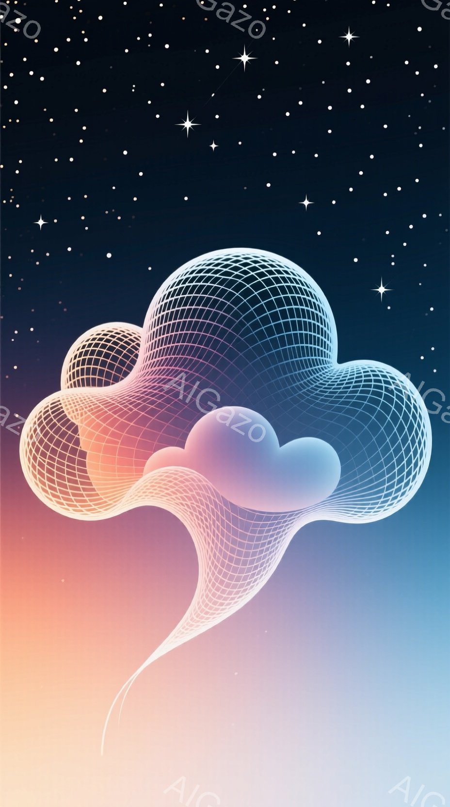 鮮やかなグラデーションが施された背景を背景に、半透明の光の雲が浮かんでいる。雲は複雑なグリッド状の線で構成され、まるでデジタルなエネルギー体が具現化したかのようである。全体的に神秘的で未来的な雰囲気を - AI生成フリー素材