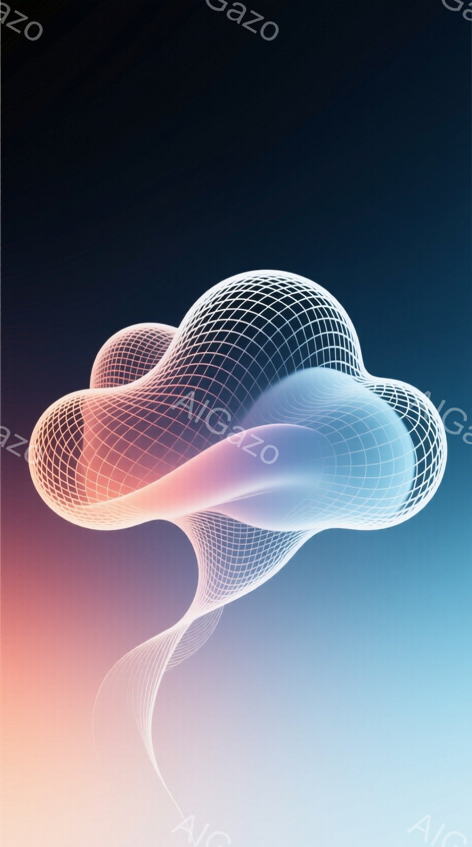 この画像は、複雑な構造を持つ発光する抽象的な形が特徴です。ピンク、オレンジ、水色のグラデーションが背景に広がり、形に柔らかな光沢を与えています。形自体は、網目状の線とぼんやりとした輪郭で構成され、まるでエネルギーの流れを視覚化したような印象を与えます。