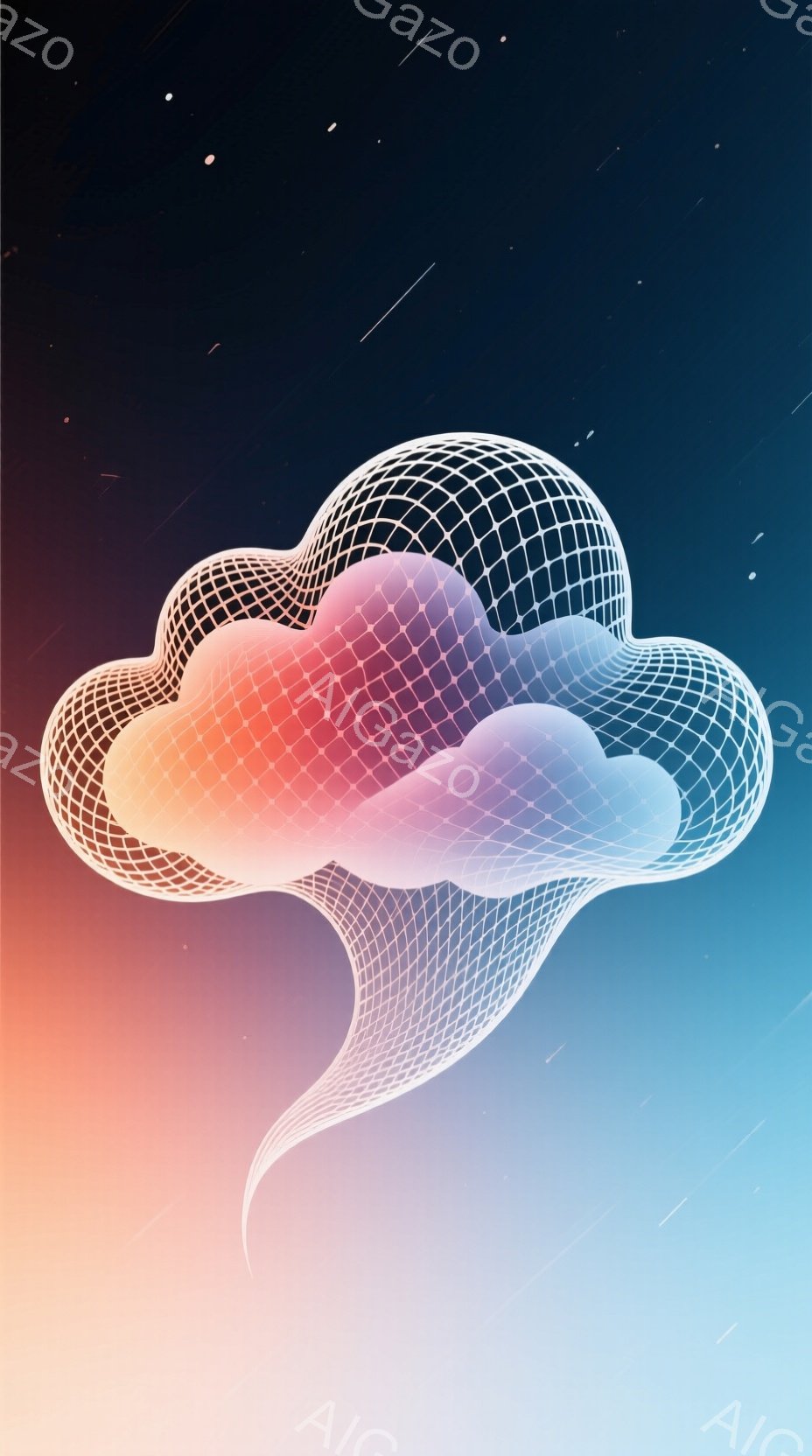 鮮やかなグラデーションが広がる背景に、光の線で構成された抽象的な形状が浮かび上がっています。その形状は、まるで生命体のような有機的な曲線を描き、内部には淡いピンク色を帯びた光が滲んでいます。全体として、未来的ながらも温かみのある、幻想的な雰囲気を醸し出しています。