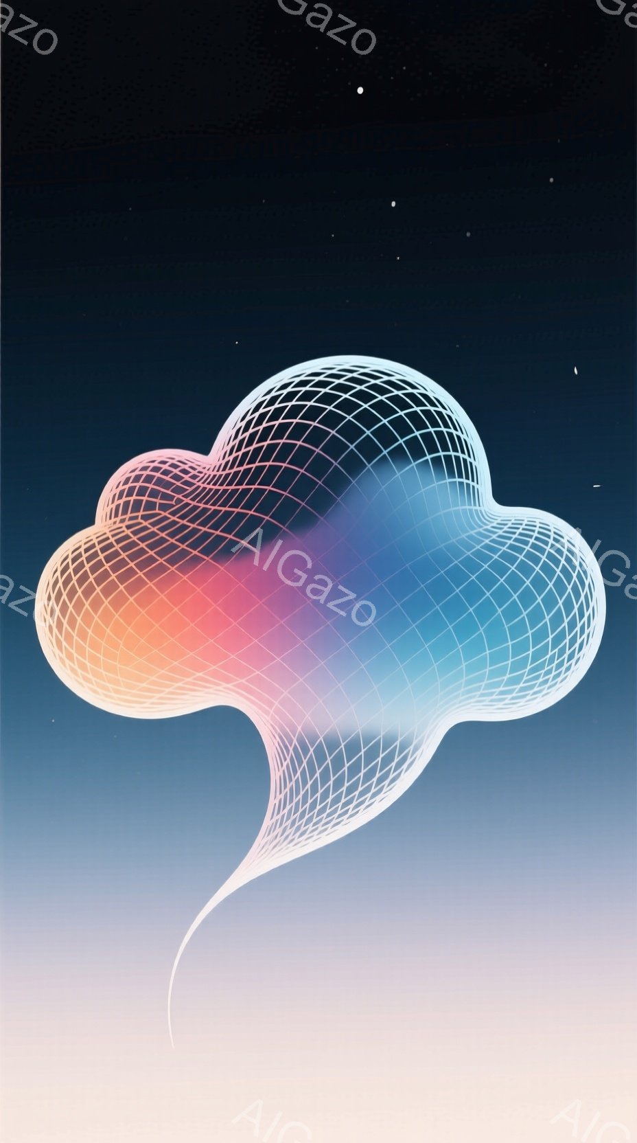 鮮やかなグラデーションが印象的な、網目状の光の塊が画面中央に浮かんでいる。ピンク、オレンジ、水色、紫が混ざり合い、まるでオーロラのような幻想的な雰囲気を作り出している。背景は濃い青から淡いピンクへと滑 - AI生成フリー素材