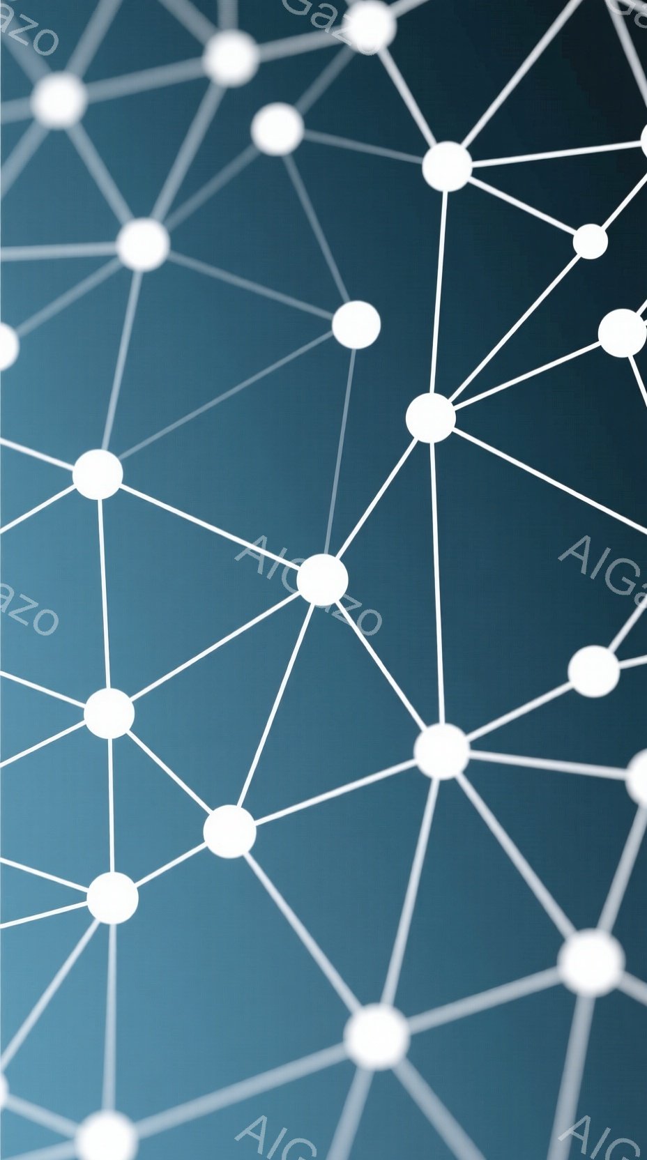 濃い青色のグラデーションを背景に、白い点が線で結ばれたネットワークのような図形が描かれています。線は様々な方向に伸び、複雑な繋がりを表現しています。全体的に抽象的で、モダンな印象を与えるデザインです。