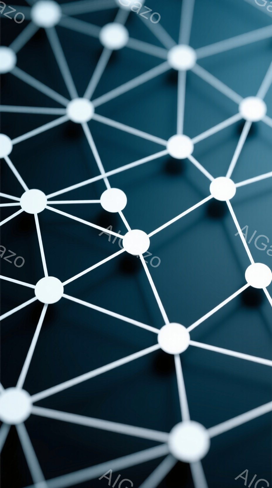 この画像は、暗い青色の背景に、白い球体とそれらを結ぶ白い線で構成されたネットワーク図が描かれています。球体は互いに接続され、複雑な網の目のような構造を形成しています。全体的に、科学的、技術的な印象を与える抽象的なイメージです。
