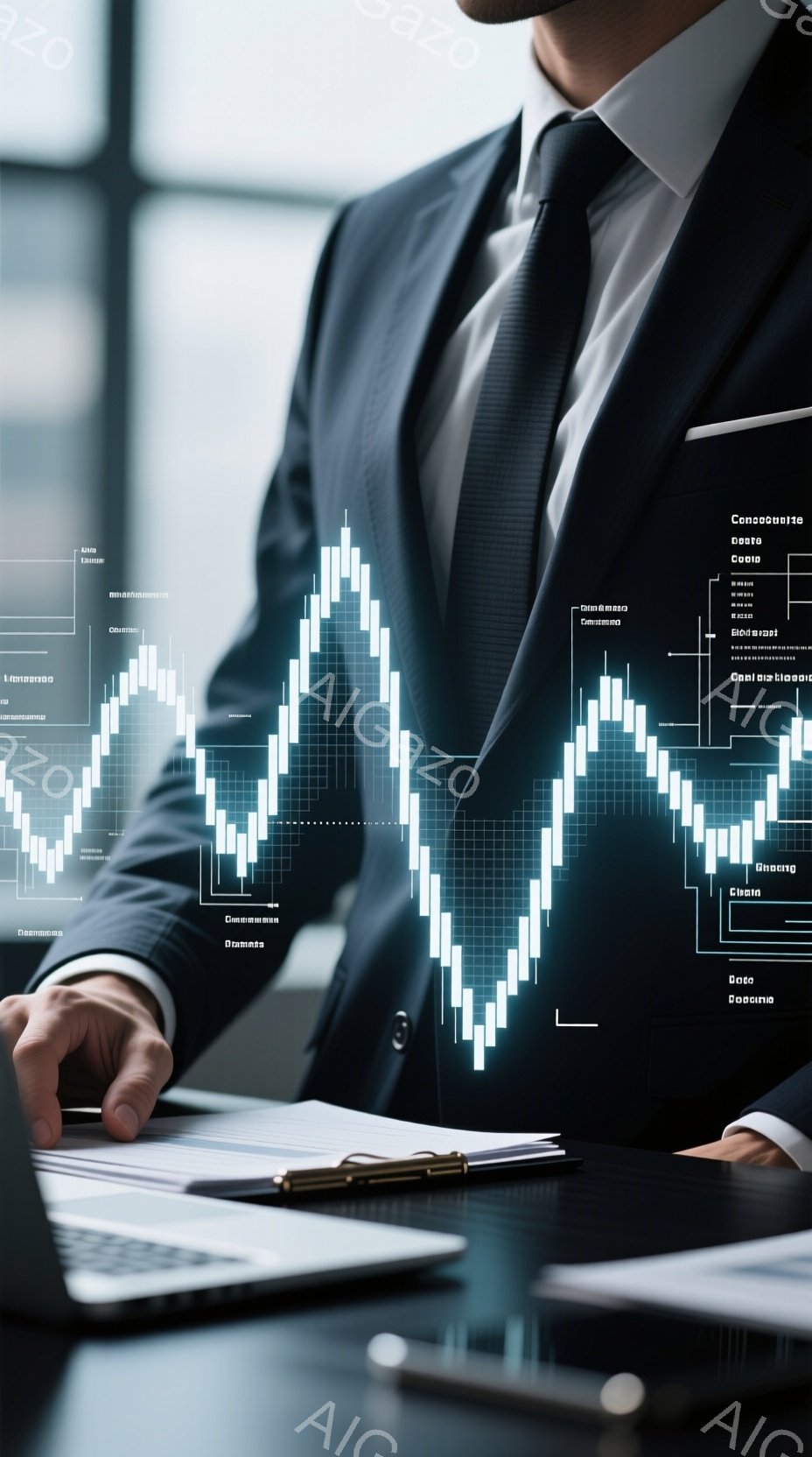 スーツを着た男性が、光るグラフの前に立っています。彼は書類を手に持ち、グラフに注目しており、ビジネスや金融の成功を象徴するような落ち着いた表情をしています。背景はオフィスの一室で、グラフの光が室内を照らし、現代的で洗練された雰囲気を醸し出しています。