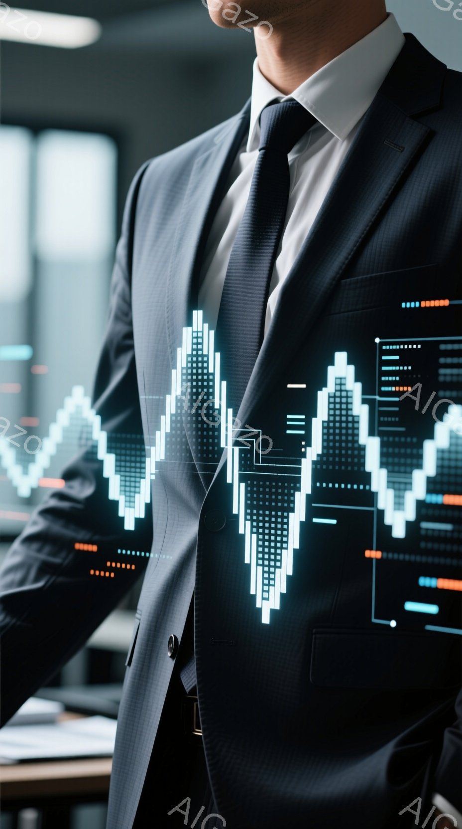 スーツを着た男性の胸元に、明るい白色の株価チャートのようなグラフが重ねられています。彼はネクタイを締め、姿勢はまっすぐで自信に満ちています。背景はオフィスのような空間で、ぼやけた光と影が経済的なテーマを強調しています。