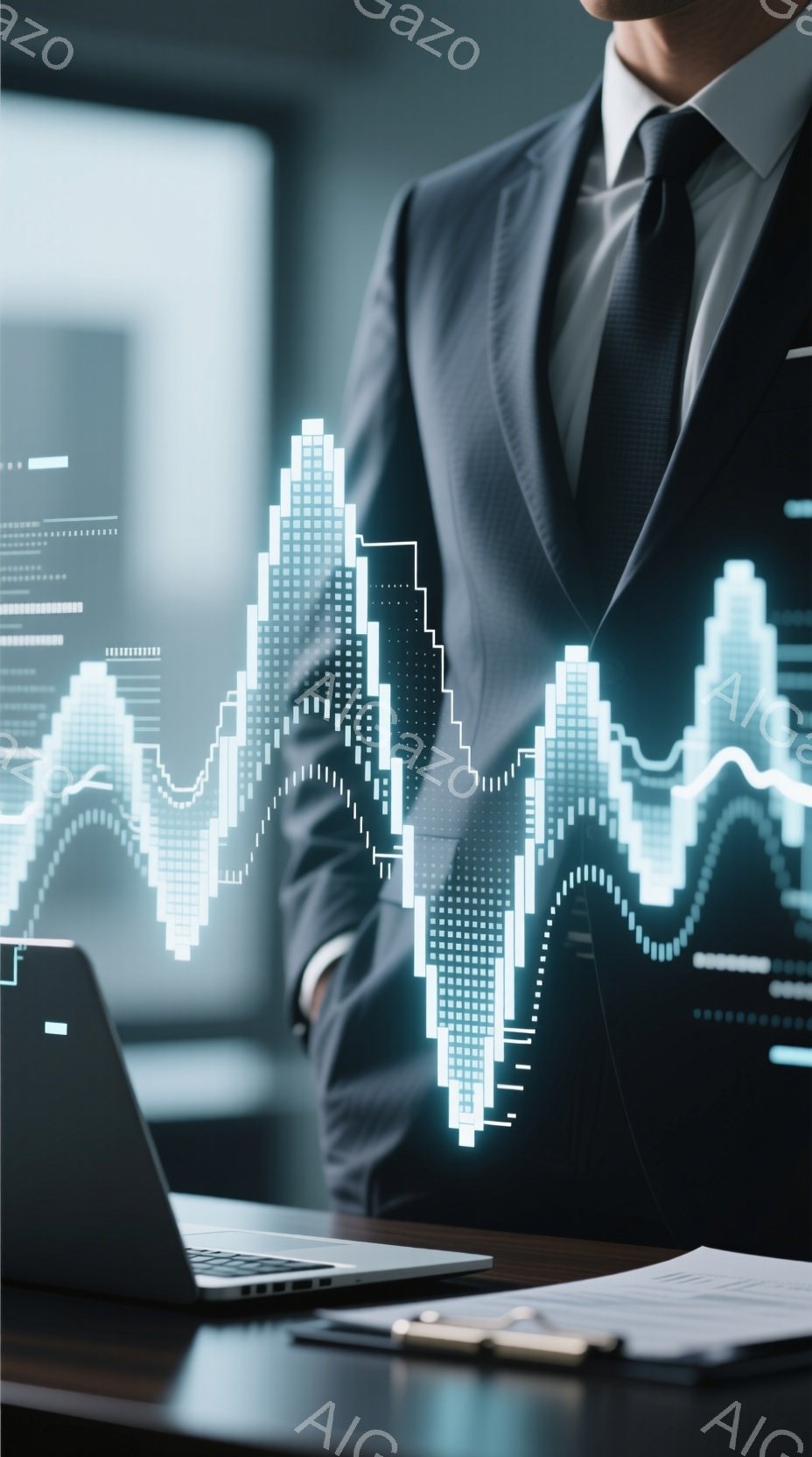 紺色のスーツを着た男性が、オフィスのような空間で立っています。背景には、高層ビルがぼんやりと見え、株式市場のチャートが重ねられています。全体的に、ビジネスや金融の世界における成功と分析を連想させる、プロフェッショナルで洗練された雰囲気です。