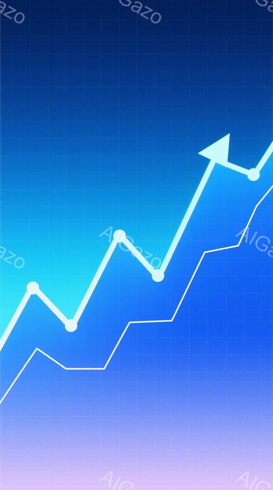 鮮やかな青と紫のグラデーションを背景に、白い線が右肩上がりに伸びるグラフが描かれています。線は途中で何度か上下しますが、全体としては上昇傾向を示しており、成功や成長を象徴しているように見えます。背景は - AI生成フリー素材