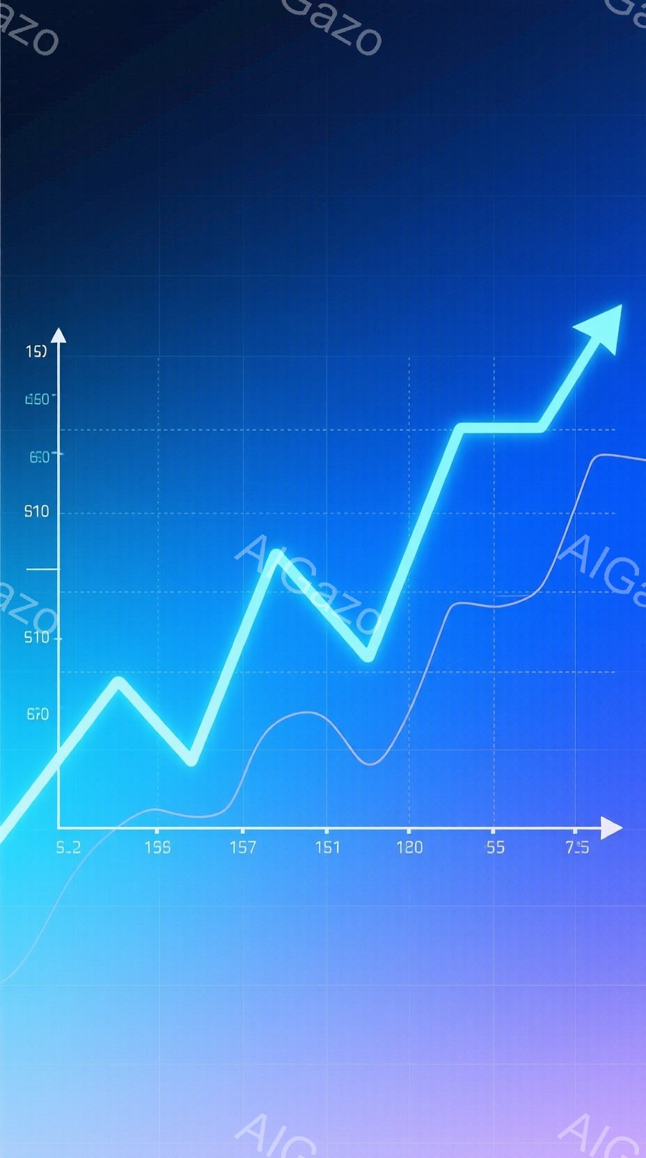 この画像は、青色の背景に白く光る折れ線グラフを示しています。グラフは左から右へ上昇傾向にあり、特に右側で急激に上昇しています。数値軸は左側に「5.2」から「7.5」まで表示され、縦軸には「120」、「 - AI生成フリー素材