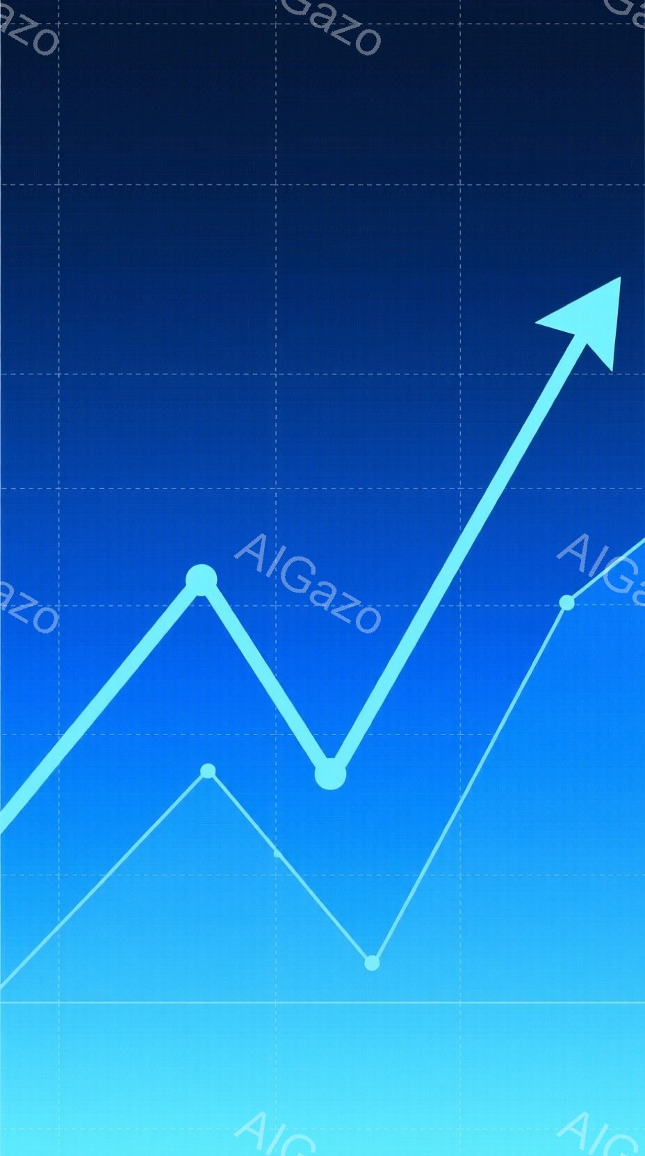 鮮やかな青色のグラデーションを背景に、白い線が複数描かれたグラフが描かれています。各線は、わずかに異なるタイミングで上昇と下降を繰り返し、成長や変化を表しているようです。全体として、ポジティブで未来志 - AI生成フリー素材