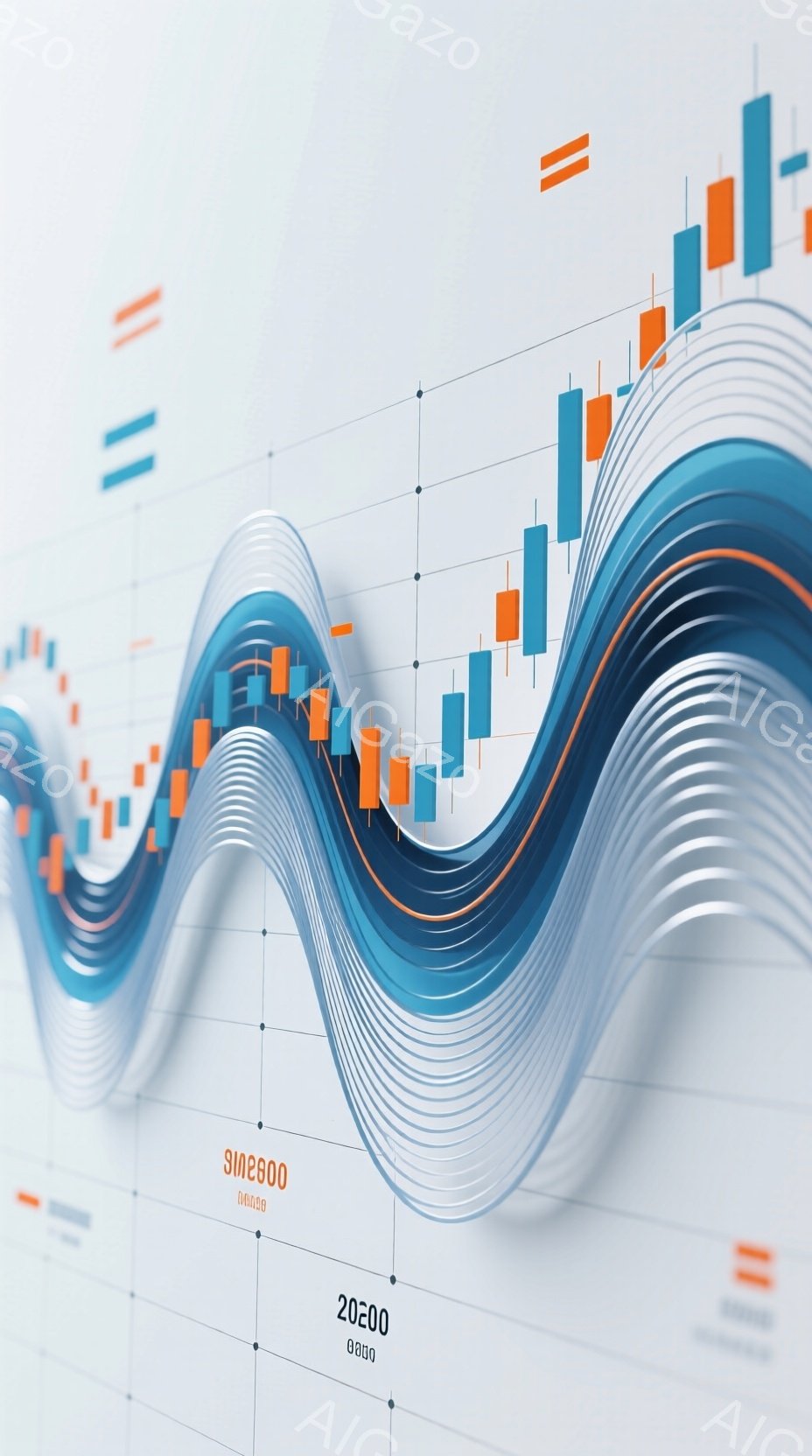 鮮やかな青とオレンジ色の流線形の曲線が、グラフのような背景を駆け抜けています。背景には、縦軸の数値と小さな目盛りが表示され、曲線は株価チャートのような上昇と下降を彷彿とさせます。全体として、ダイナミッ - AI生成フリー素材