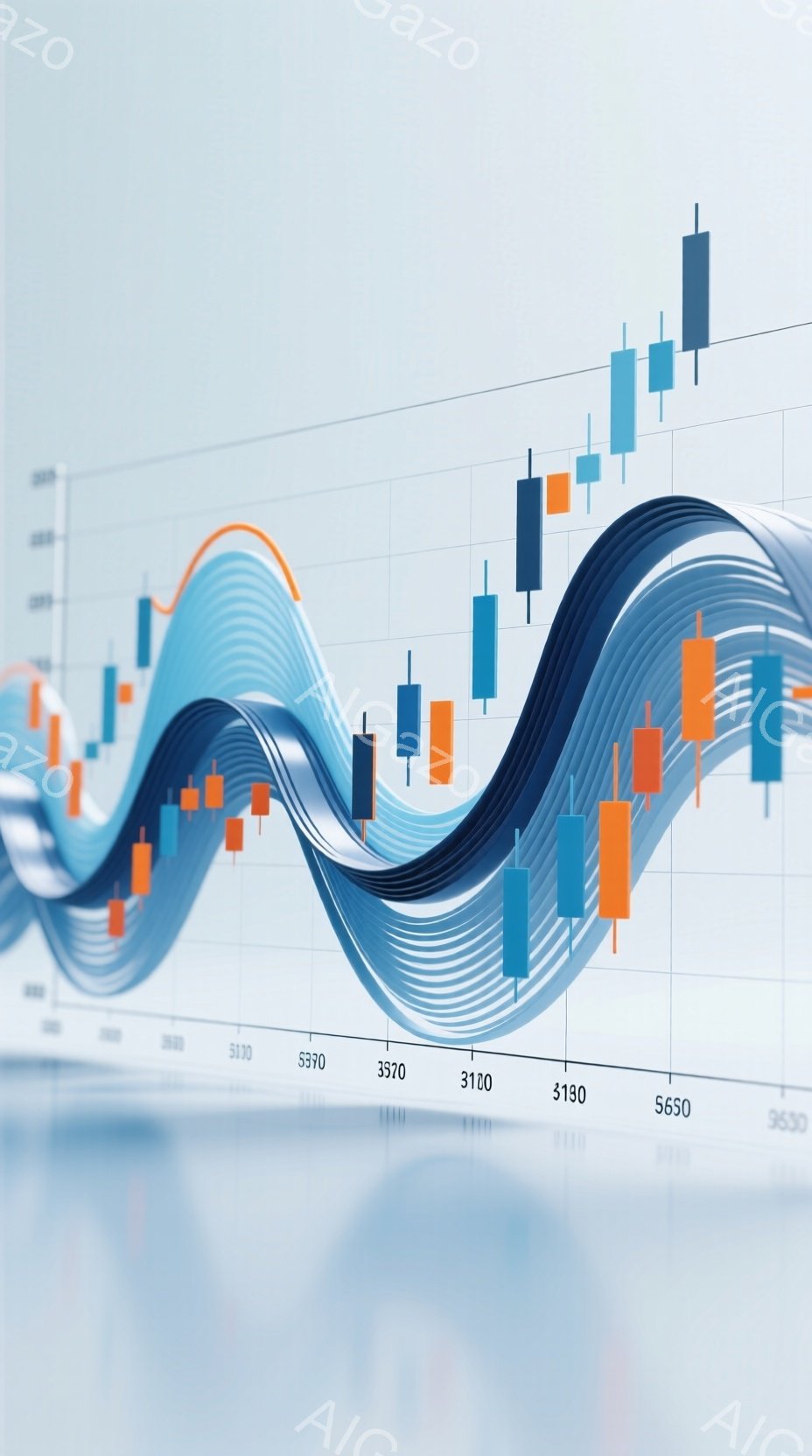 この画像は、株式市場のトレンドを示す抽象的な視覚表現です。青とオレンジの流線形の曲線が、上下に変動するロウソク足チャートを貫通し、ダイナミックな市場の動きを暗示しています。背景は明るいグレーで、チャー - AI生成フリー素材