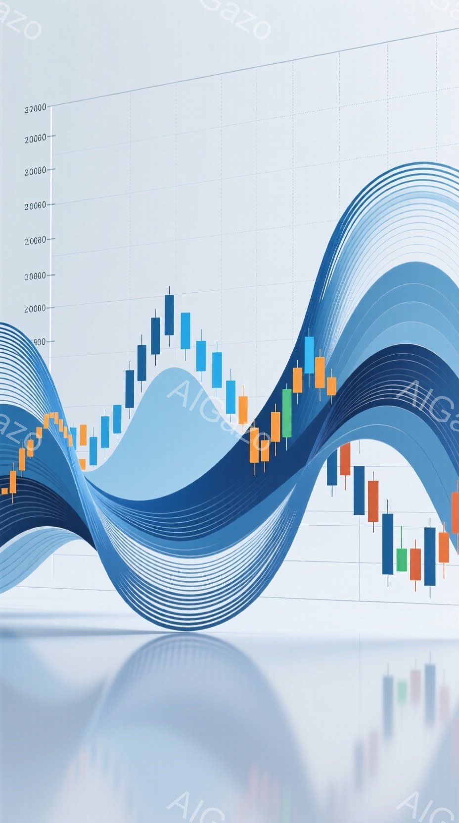 この画像は、鮮やかな青色の流線形の背景に、金融チャートであるローソク足のパターンが重ねられています。ローソク足は、緑色と赤色で示され、市場の価格変動を表しているようです。全体的に、上昇と下降の波を描き - AI生成フリー素材