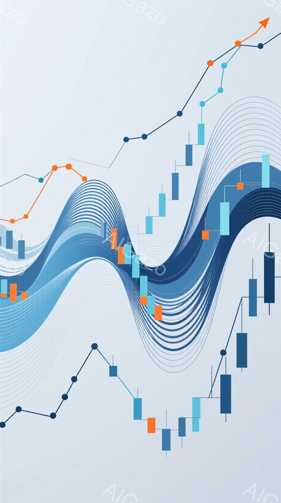 この画像は、青とオレンジの線グラフとキャンドルスティックチャートが組み合わさったものです。青い線は、複数の細い線で構成され、緩やかな曲線を描いて上昇しています。オレンジ色の線は点線で描かれ、青い線と並行して上昇し、キャンドルスティックチャートは線グラフの下部に配置され、価格変動を示唆しています。