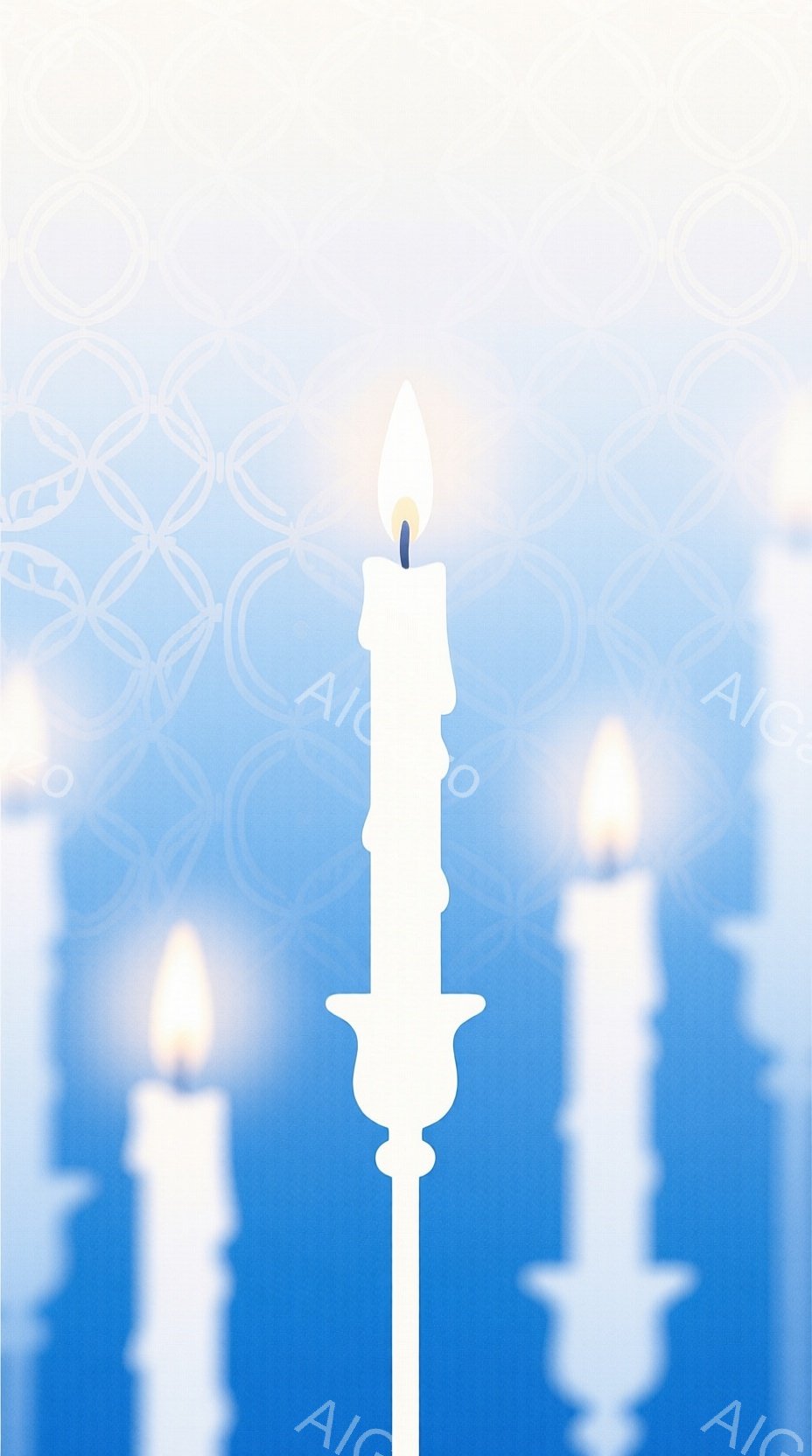 白い背景に、数本のろうそくがぼんやりと描かれています。中央のろうそくは他のものより高く、詳細な燭台の上に立っており、明るい炎が灯っています。全体的に、幻想的で穏やかな雰囲気であり、ぼかし効果によって神秘的な印象を与えています。