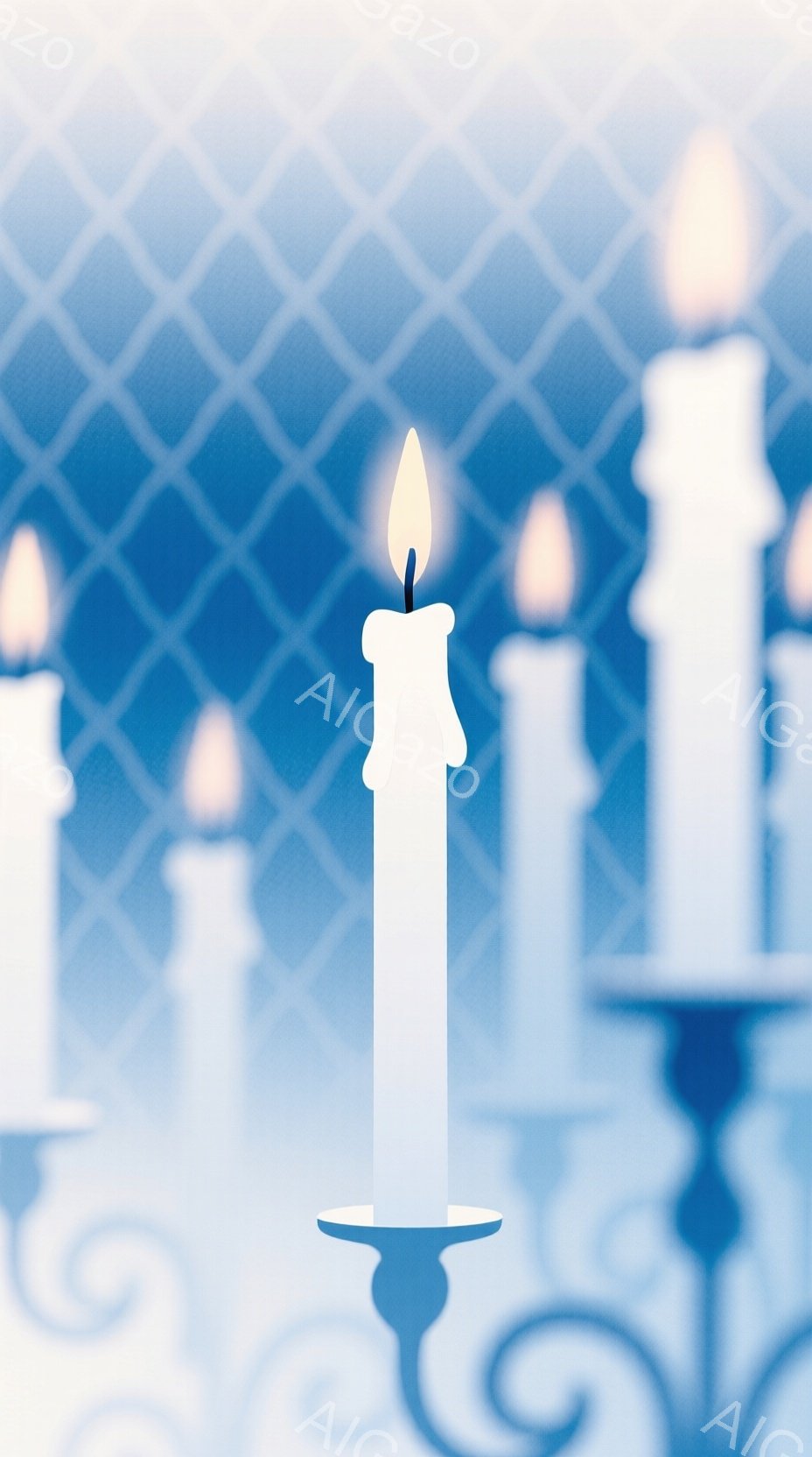 この画像は、複数の白いキャンドルがぼやけた背景の中で浮かび上がっています。キャンドルはそれぞれ異なる高さの燭台に立てられており、炎が穏やかに揺らめいています。背景は、青みがかった格子模様と渦巻く装飾で覆われ、幻想的で落ち着いた雰囲気を醸し出しています。