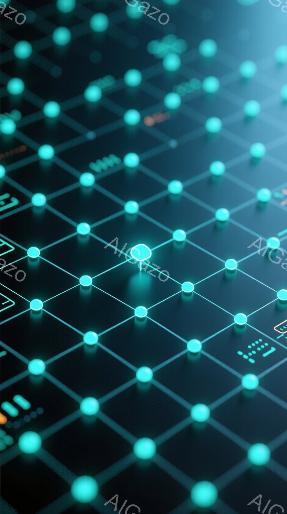 鮮やかなターコイズブルーの光点が、黒い背景に網目状に並んでいます。光点は線で繋がれており、まるで神経回路やデータネットワークを想起させるデザインです。全体的に未来的で、テクノロジーを感じさせる雰囲気で - AI生成フリー素材