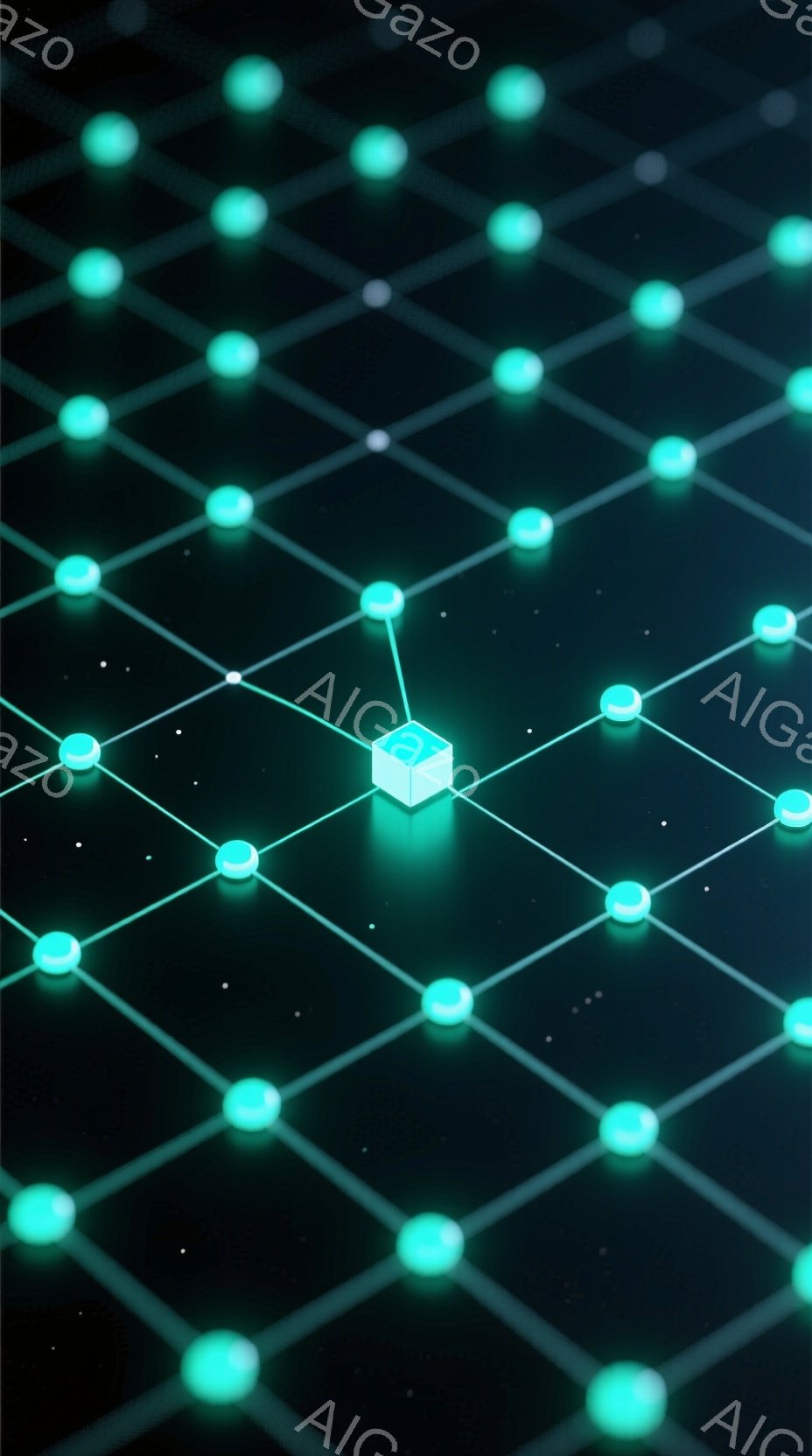 暗い背景に、明るいターコイズ色の点が格子状に並び、ネットワークのような構造を形成しています。中央には、立方体の光が配置されており、ネットワークの中心ノードとして機能しているようです。全体的に、未来的な - AI生成フリー素材