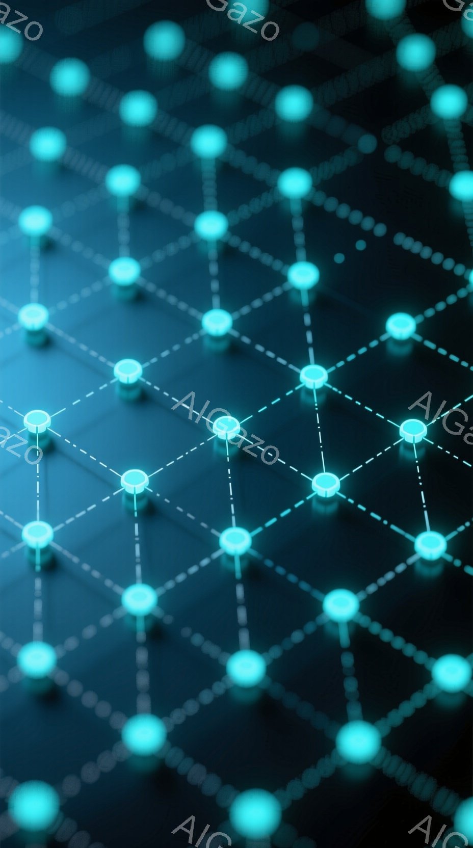 鮮やかなターコイズブルーの光点が、暗い背景に網目状に繋がって配置されています。光点は全て同じ大きさで、規則的に並び、まるでネットワークや回路図のような印象を与えます。全体的に未来的な雰囲気で、デジタル - AI生成フリー素材