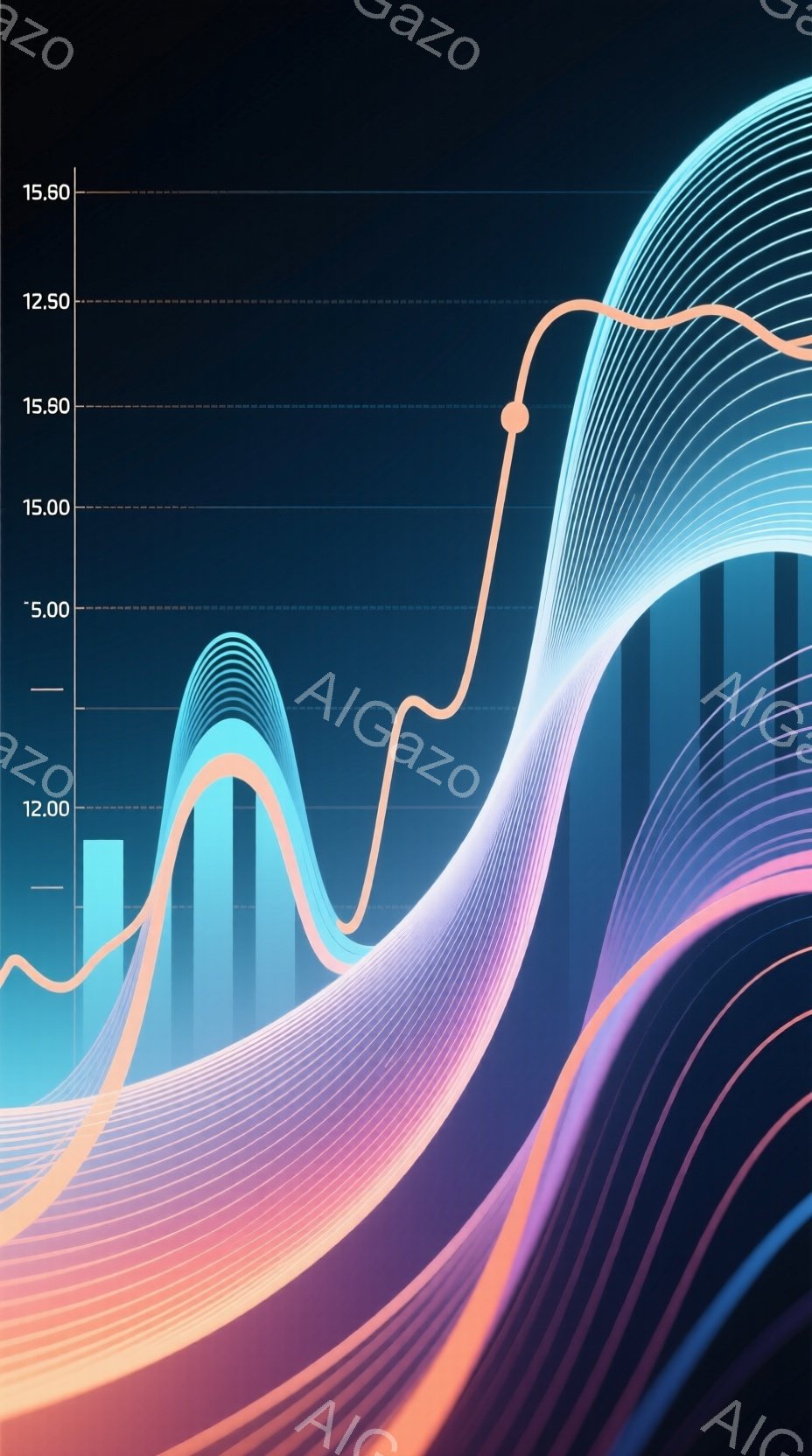 この画像は、様々な色の線が重なり合い、上昇と下降を繰り返すグラフのような抽象的な構図です。背景は濃い青色から紫色へとグラデーションがかかっており、未来的な印象を与えます。全体として、ダイナミックでエネ - AI生成フリー素材