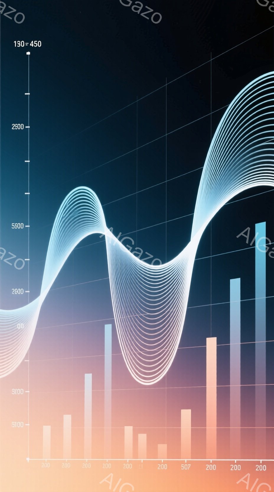 この画像は、背景が濃い青色のグラデーションで、複数の垂直棒グラフが並んでいます。グラフの上部には、光沢のある白い線が波状に重なり合い、ダイナミックな動きを表現しています。全体的に、データとエネルギーが融合した、未来的な雰囲気を持っています。