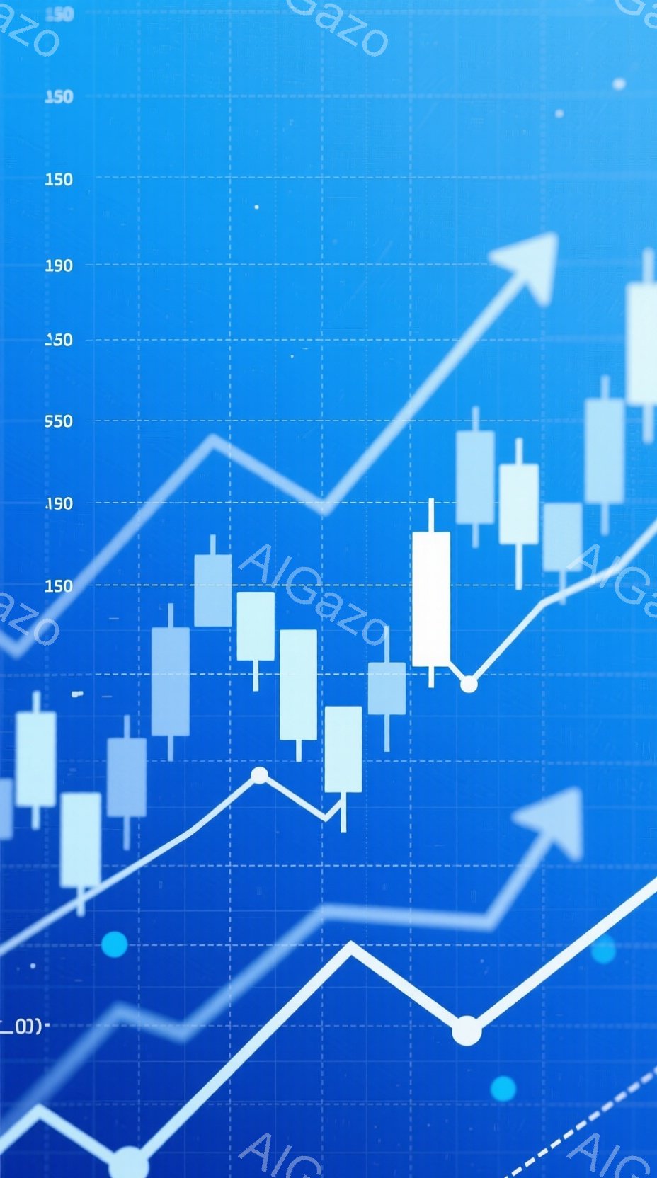 この画像は、青を基調とした金融チャートの背景に、白いキャンドルスティックチャートと上昇傾向の折れ線グラフが重ねられています。折れ線グラフとキャンドルチャートは、それぞれ異なる青色の丸いマーカーで強調されています。全体的に、成長とポジティブな市場動向を示す、ダイナミックで未来志向のイメージです。