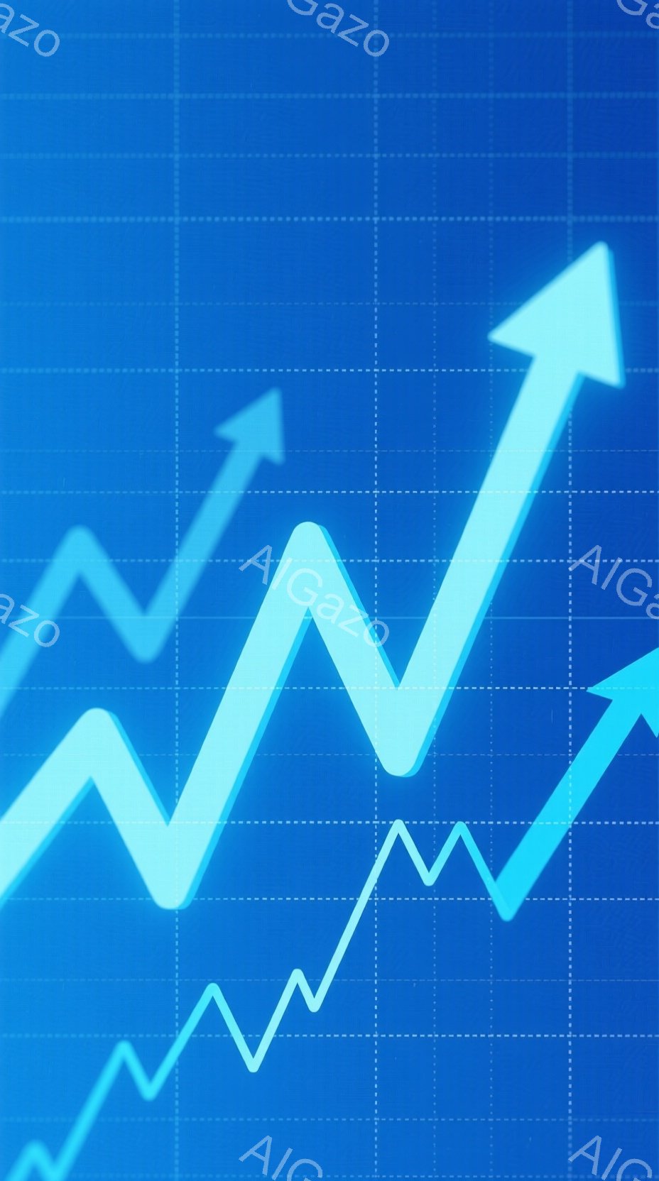 鮮やかな青色の背景に、複数の上昇する線グラフが描かれています。線は異なる太さで、それぞれが異なる速度で右肩上がりに伸びています。全体的に、成長や発展、ポジティブなトレンドを示す視覚的な表現となっていま - AI生成フリー素材