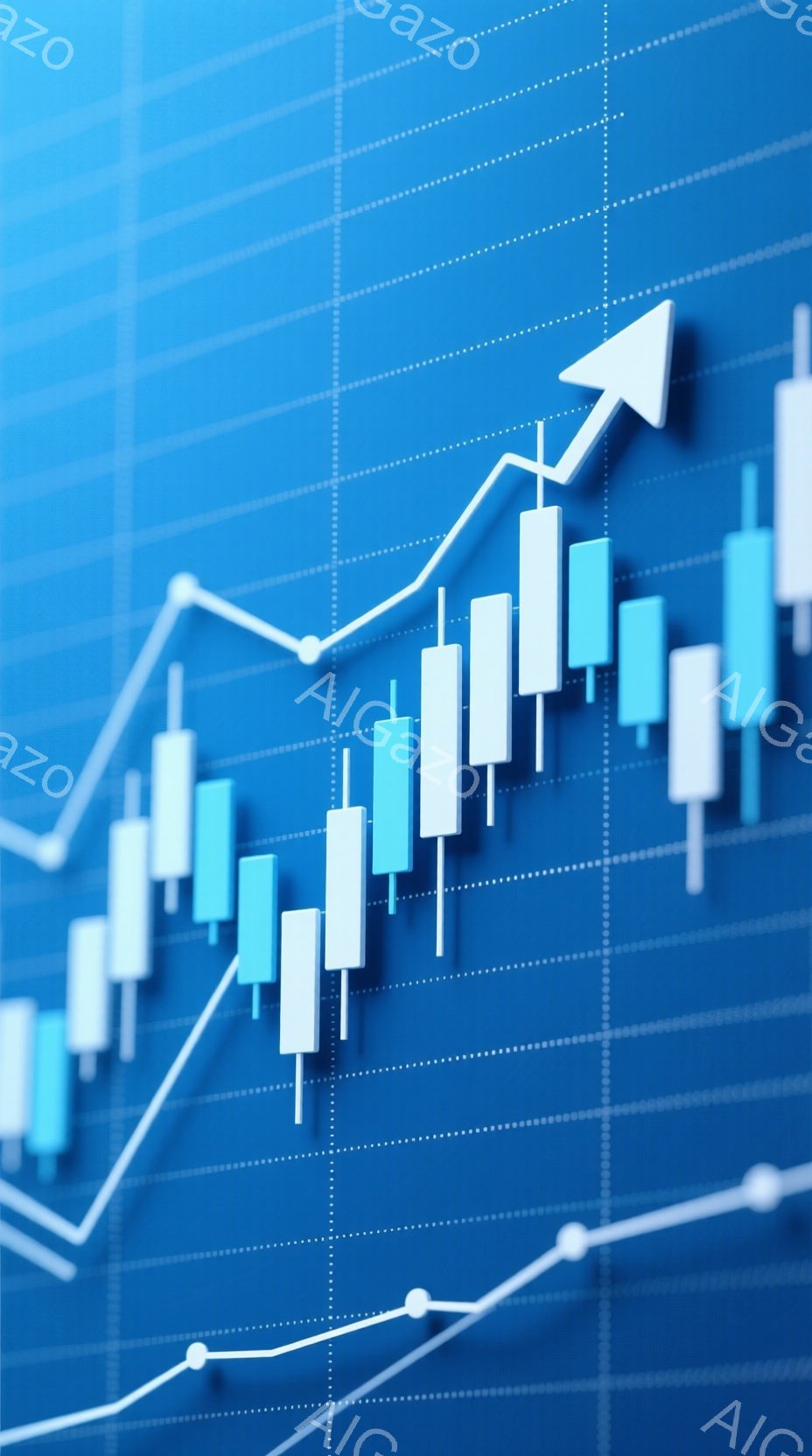 この画像は、青い背景に描かれた金融チャートを表しています。白いキャンドルスティックチャートと、上昇傾向にある白い線グラフが、投資の成長や市場の動向を示唆しています。全体的に、明るくポジティブな雰囲気が - AI生成フリー素材