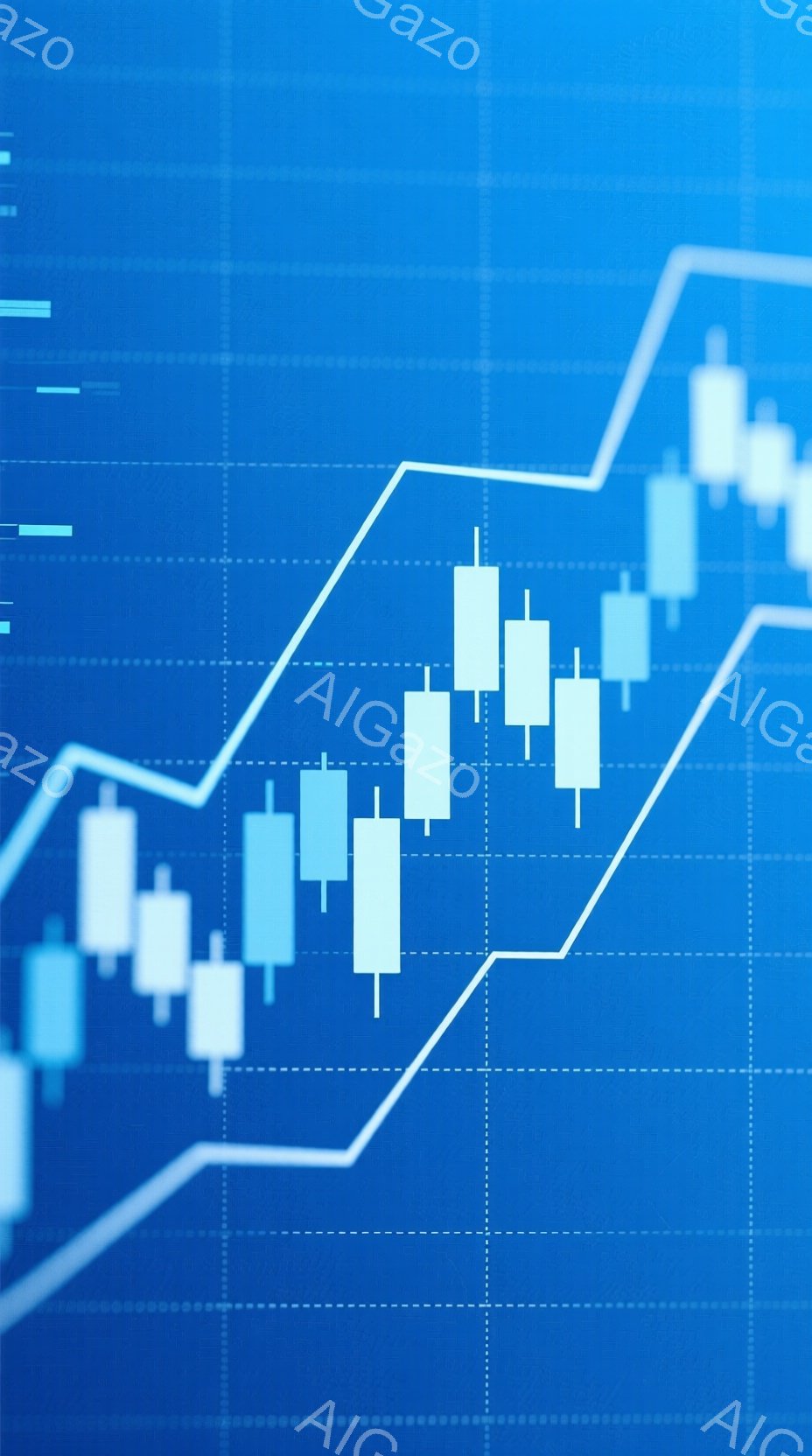 この画像は、青色の背景に白いキャンドルスティックチャートと上昇する白い線グラフが描かれた金融市場の図です。キャンドルスティックは、それぞれ価格の変動を示し、線グラフは全体的な市場トレンドの上昇を示唆しています。全体的に、安定した成長とポジティブな市場状況を伝えるイメージです。