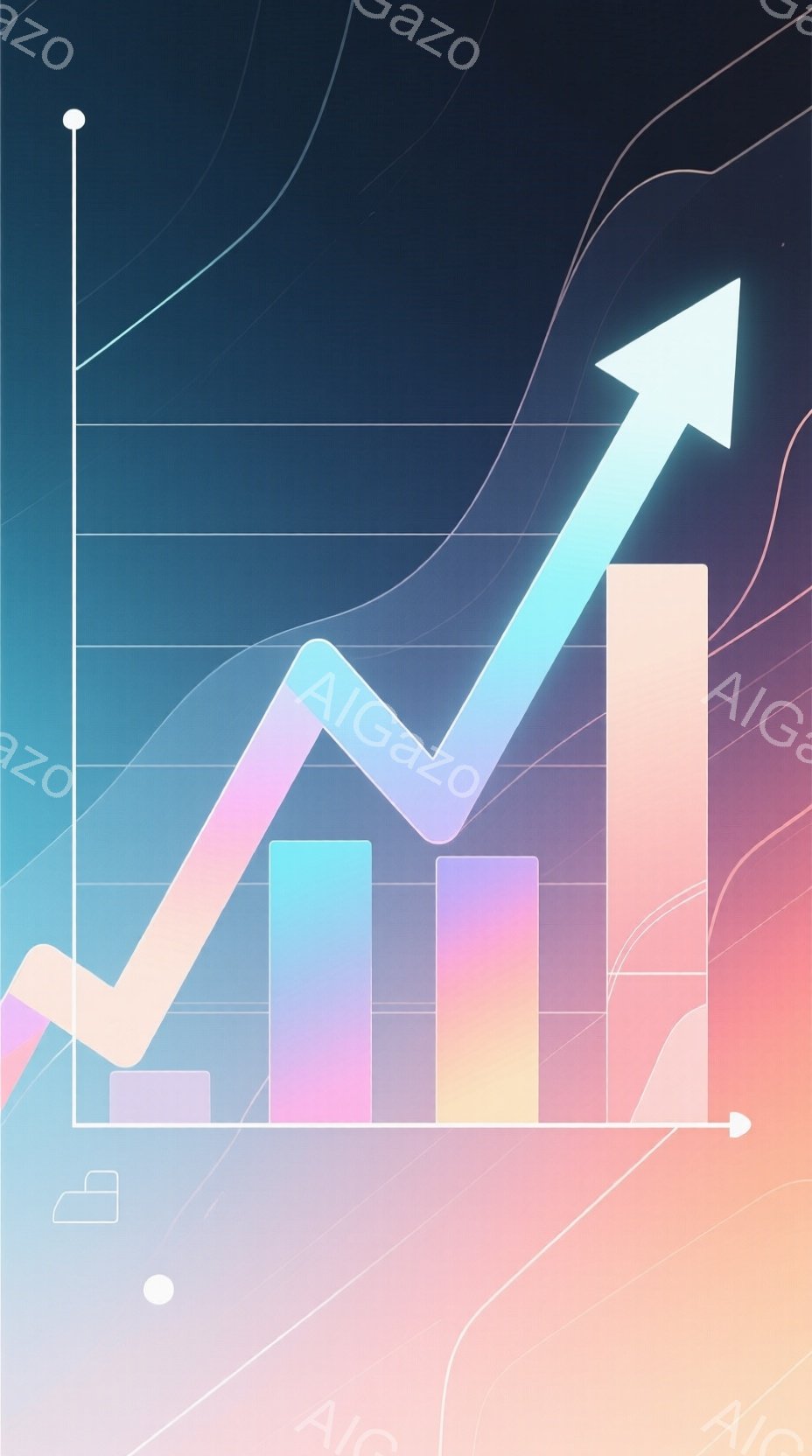 鮮やかなグラデーションが印象的なグラフが描かれています。青からピンクへと変化する背景に、上昇傾向を示す折れ線グラフと、様々な色の棒グラフが配置されています。全体的に未来感があり、成長や成功を象徴するような雰囲気が漂います。