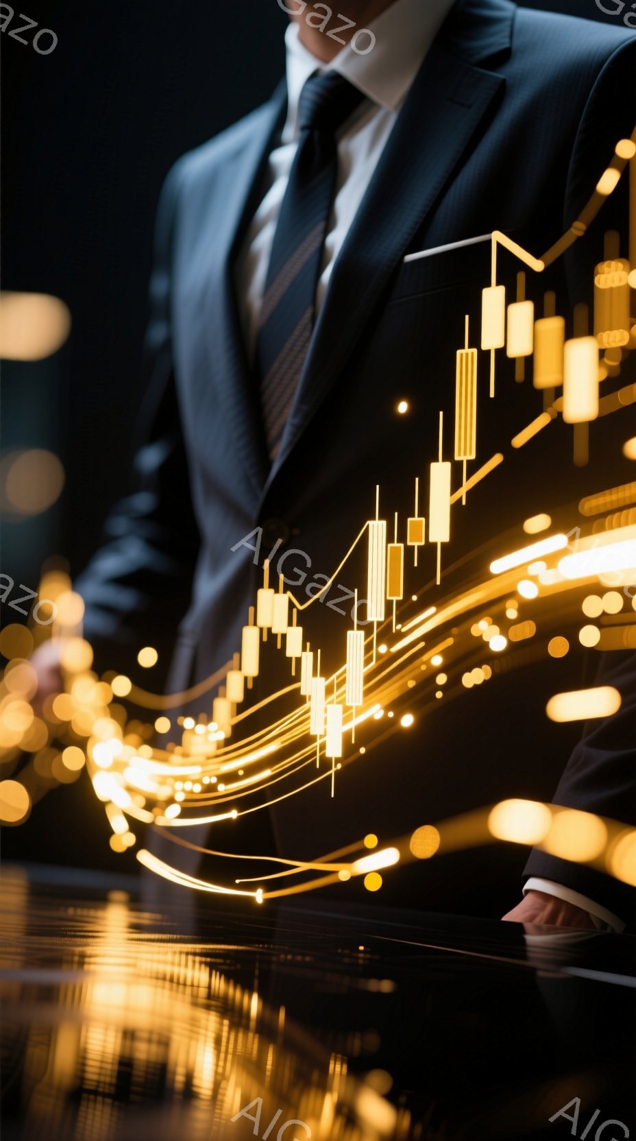 画像は、暗い背景に明るい線で描かれた上昇トレンドのチャートと、それを背景に立つ男性の姿を捉えています。男性はダークスーツとネクタイを着用し、プロフェッショナルな印象を与え、未来を見据えるような姿勢を取っています。光の粒子とチャートのラインが融合し、成功と成長を象徴する希望に満ちた雰囲気を醸し出しています。