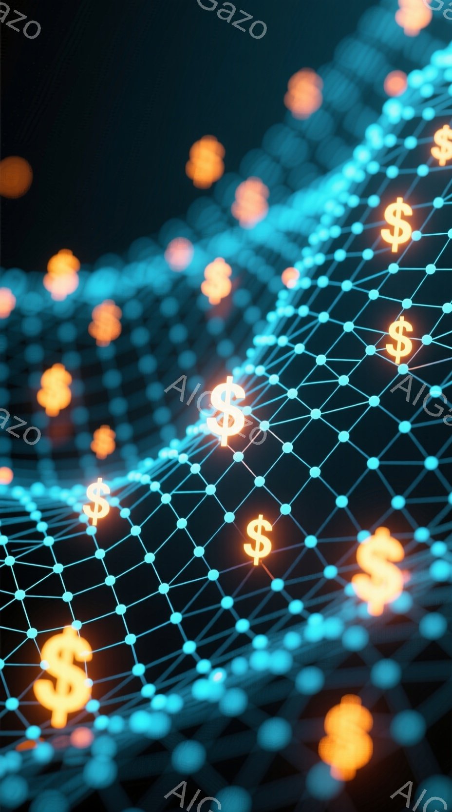 この画像は、暗い背景に光る青色のネットワーク状の線と、そこに散りばめられた光るドル記号で構成されています。ネットワークは複雑なパターンを描き、現代的なテクノロジーや金融の概念を視覚的に表現しています。全体的に、未来的な雰囲気とデジタル経済を表すイメージです。