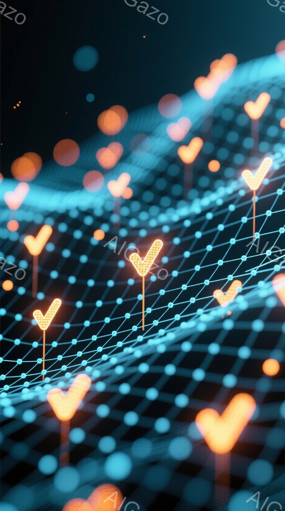 鮮やかな青色の線が複雑に絡み合い、未来的なネットワークを形成しています。そのネットワーク上には、温かみのあるオレンジ色のハート型の光が点在し、まるでデジタル空間に咲き誇る花のように見えます。全体として、テクノロジーとロマンチックな感情が融合した、神秘的で美しい雰囲気です。