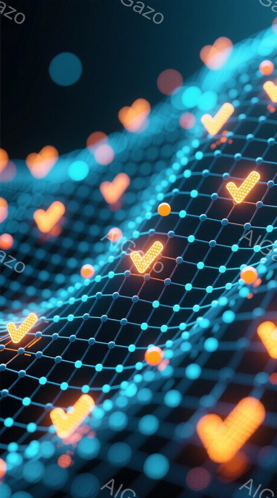 鮮やかなオレンジ色の光る多角形が、青いグリッド状の線で結ばれたネットワーク上に浮かび上がっている様子が描かれている。背景は暗く、光る多角形とグリッドが未来的な雰囲気を醸し出している。全体として、テクノロジーと接続性を象徴する抽象的なイメージである。