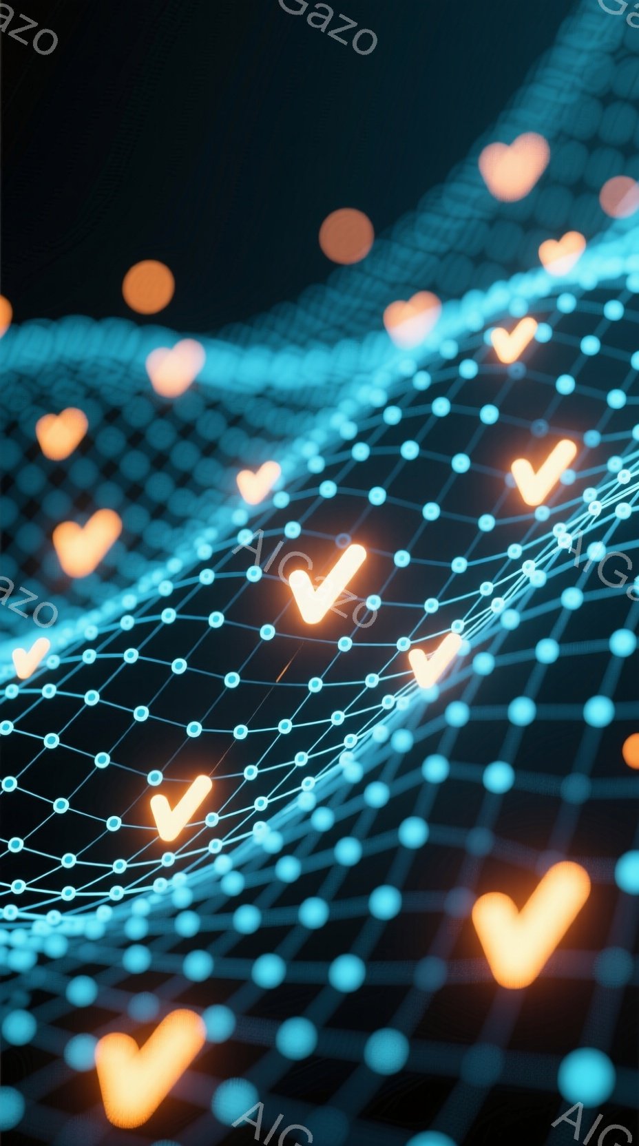 鮮やかな青色の光の線が網目状に広がり、まるでネットワークや回路のような抽象的な背景を形成しています。その上に、オレンジ色で光るチェックマークが散りばめられ、承認や成功を象徴するような印象を与えます。全体的に未来的なテクノロジーを感じさせる、ダイナミックでエネルギーに満ちたビジュアルです。